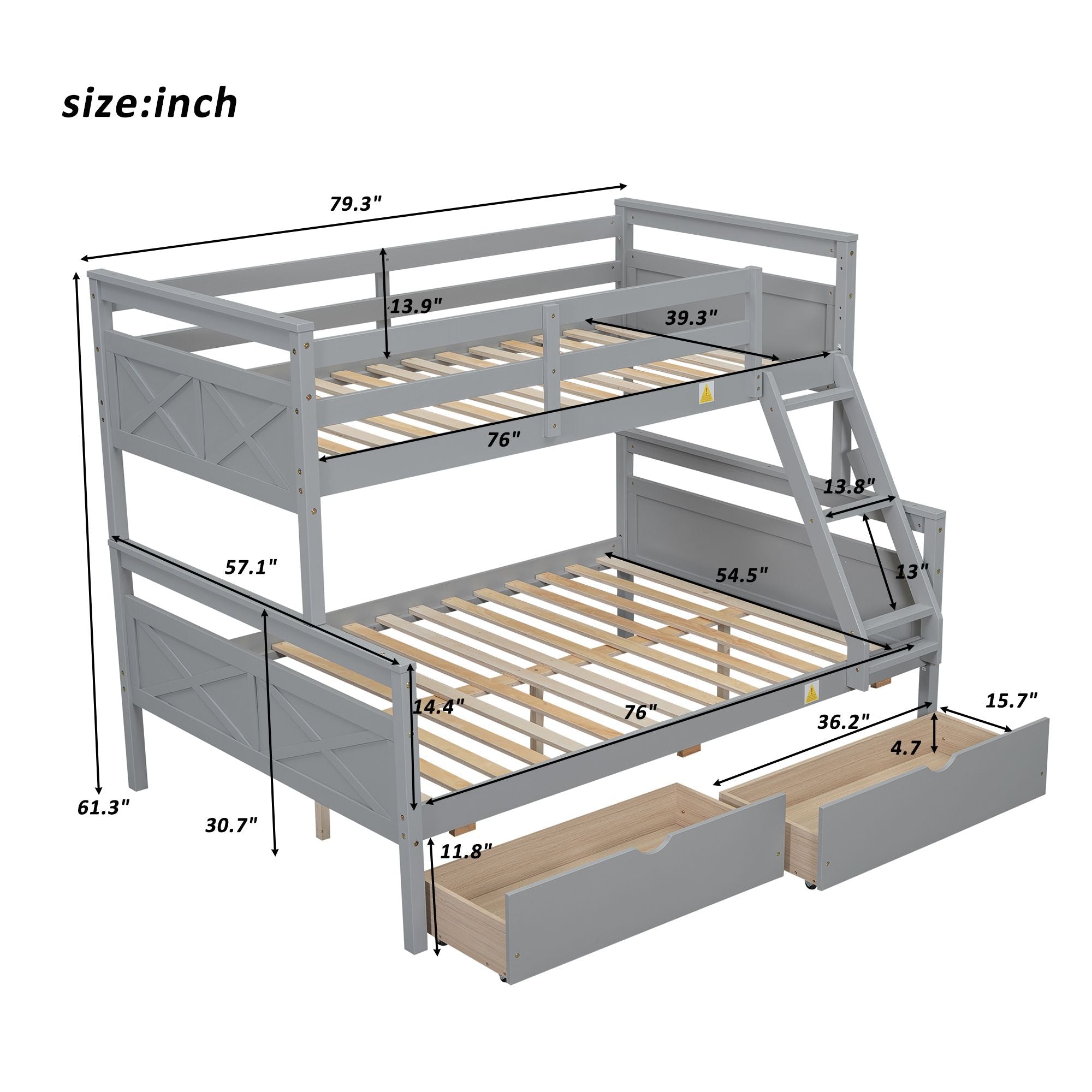 Space-Saving Twin Over Full Wood Bunk Bed with Storage Drawers, Ladder, and Guardrail in Gray | Just Better Bunk Beds