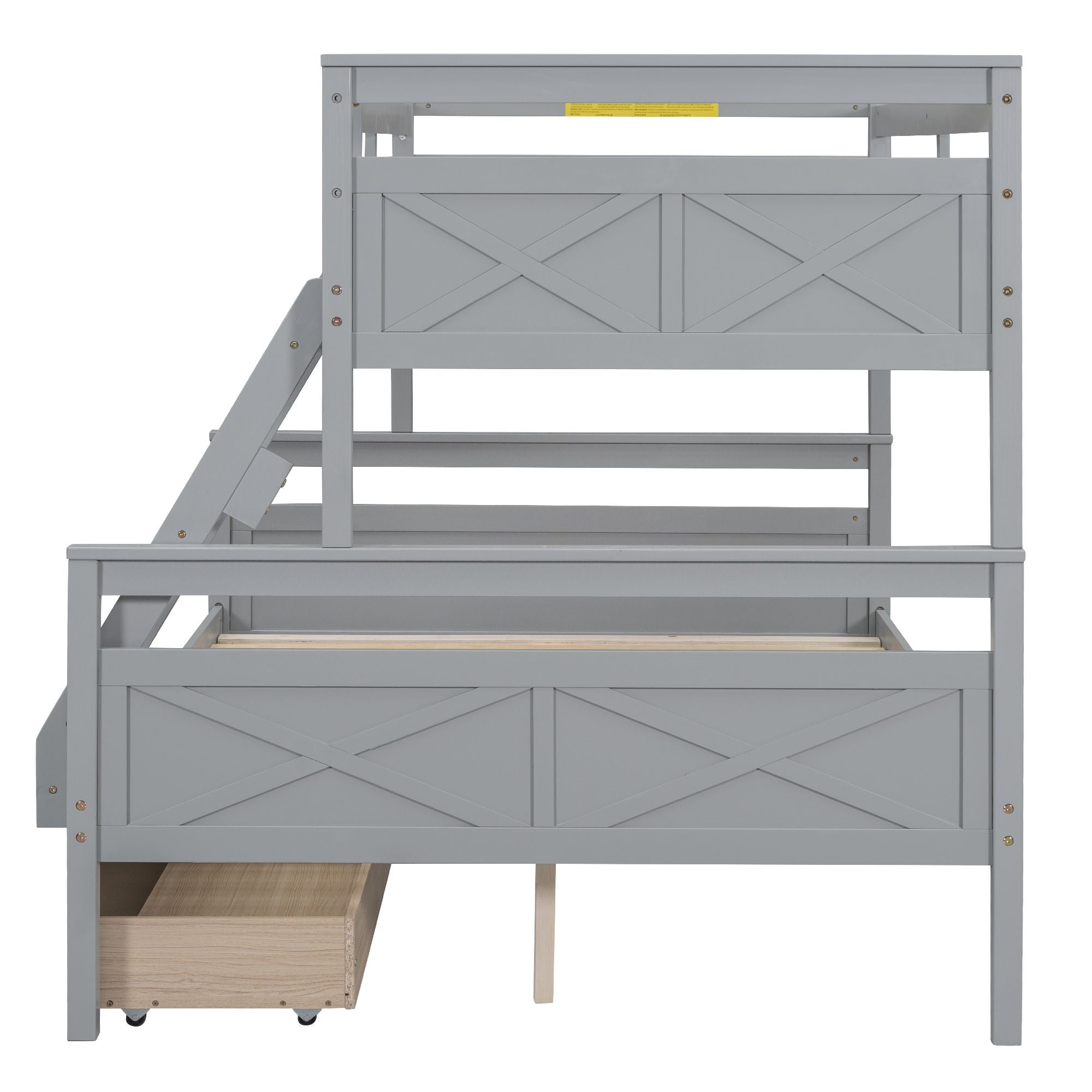 Space-Saving Twin Over Full Wood Bunk Bed with Storage Drawers, Ladder, and Guardrail in Gray | Just Better Bunk Beds