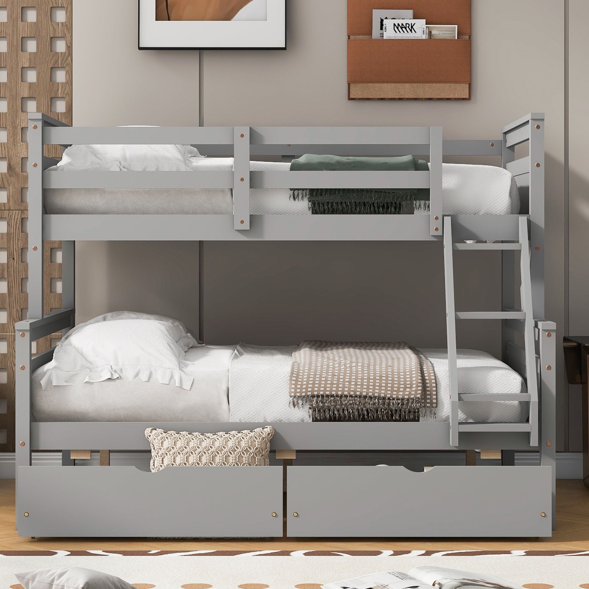 Space-Saving Twin Over Full Wood Bunk Bed with Storage Drawers, Ladder, and Guardrail in Gray | Just Better Bunk Beds