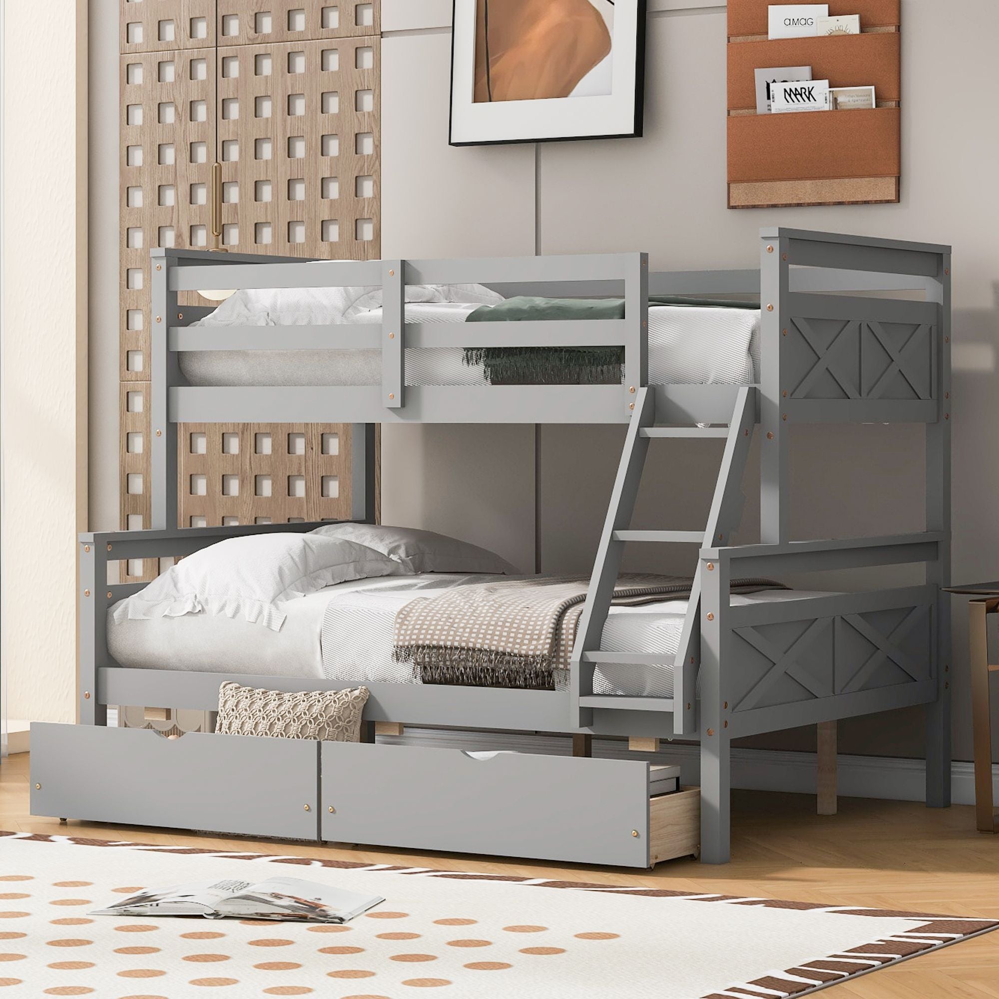 Space-Saving Twin Over Full Wood Bunk Bed with Storage Drawers, Ladder, and Guardrail in Gray | Just Better Bunk Beds