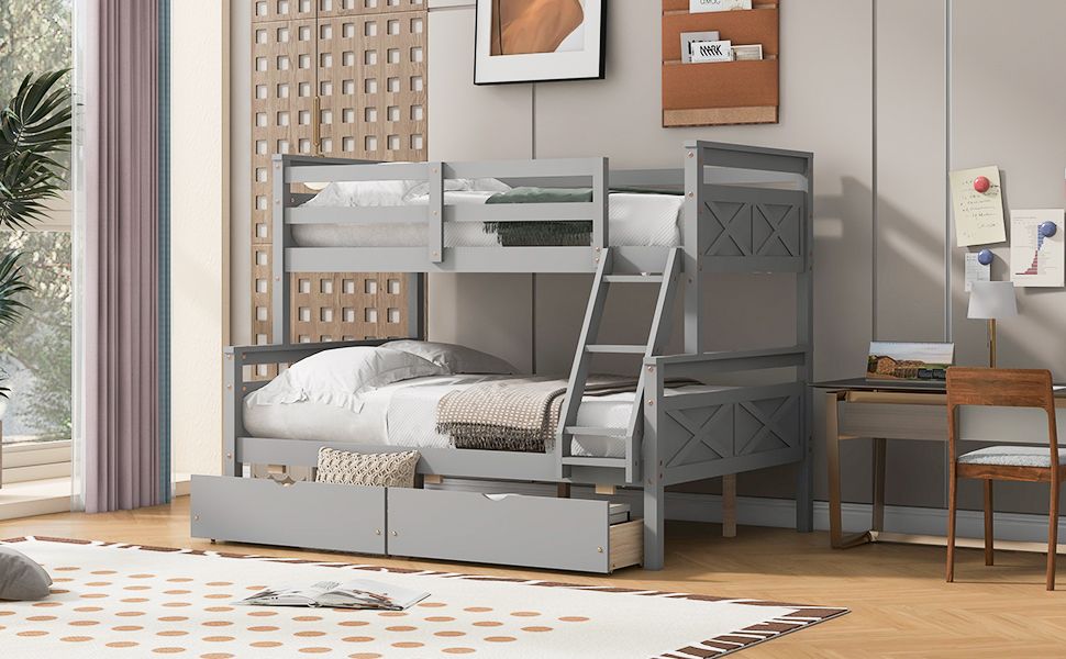 Space-Saving Twin Over Full Wood Bunk Bed with Storage Drawers, Ladder, and Guardrail in Gray | Just Better Bunk Beds