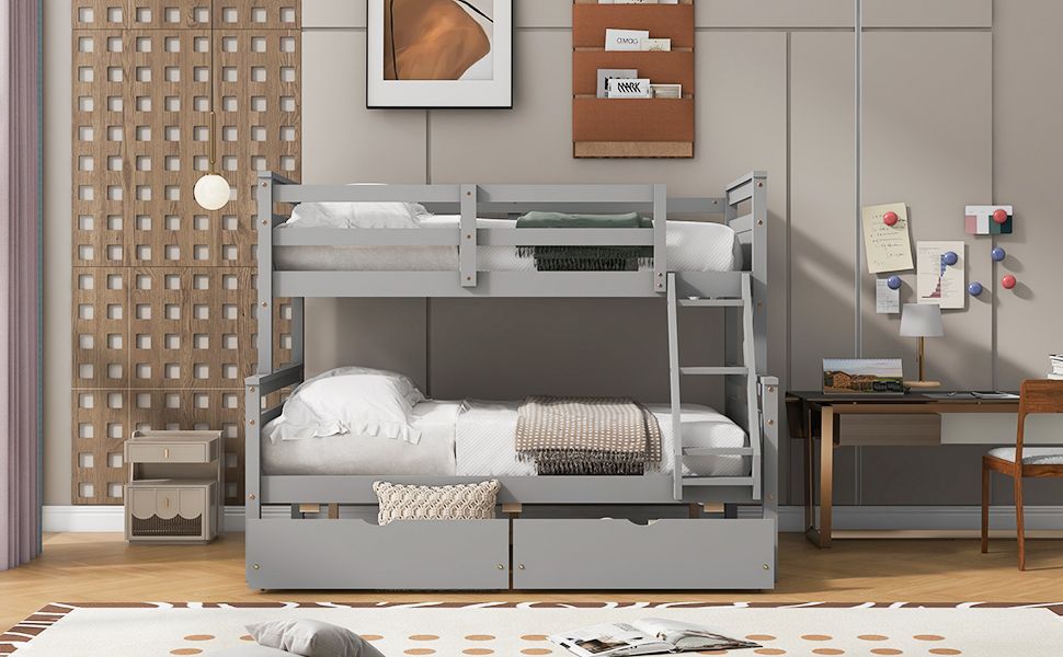 Space-Saving Twin Over Full Wood Bunk Bed with Storage Drawers, Ladder, and Guardrail in Gray | Just Better Bunk Beds
