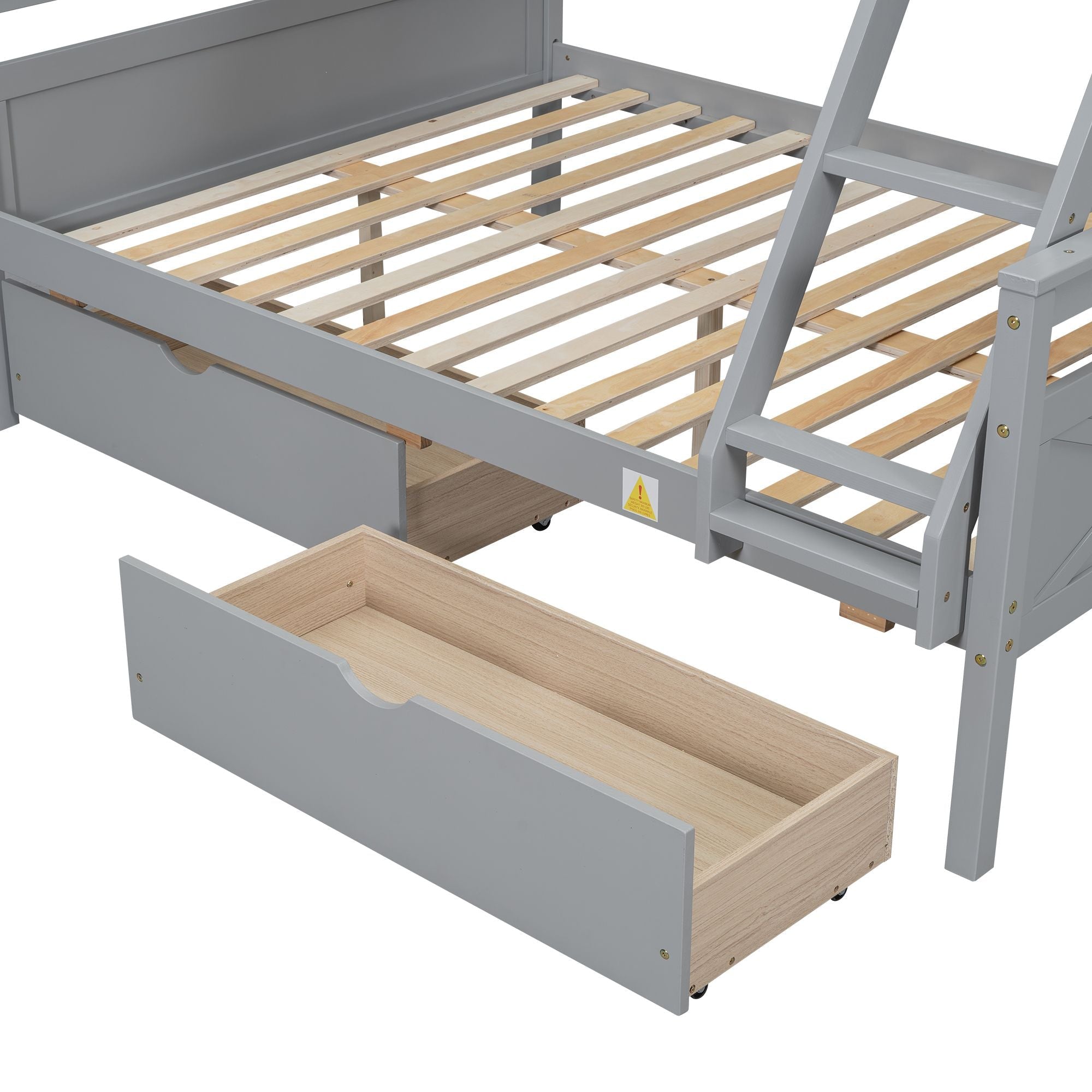 Space-Saving Twin Over Full Wood Bunk Bed with Storage Drawers, Ladder, and Guardrail in Gray | Just Better Bunk Beds