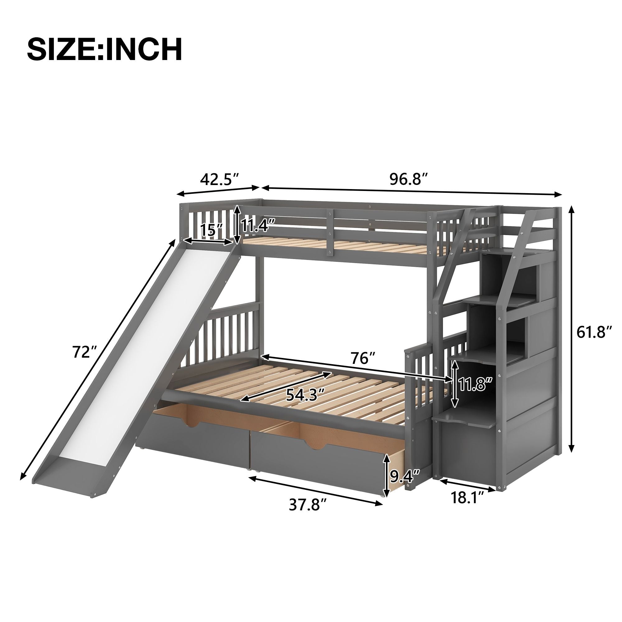 Space-Saving Twin Over Full Wood Bunk Bed with Storage Drawers, Slide, Stairs in Gray | Just Better Bunk Beds
