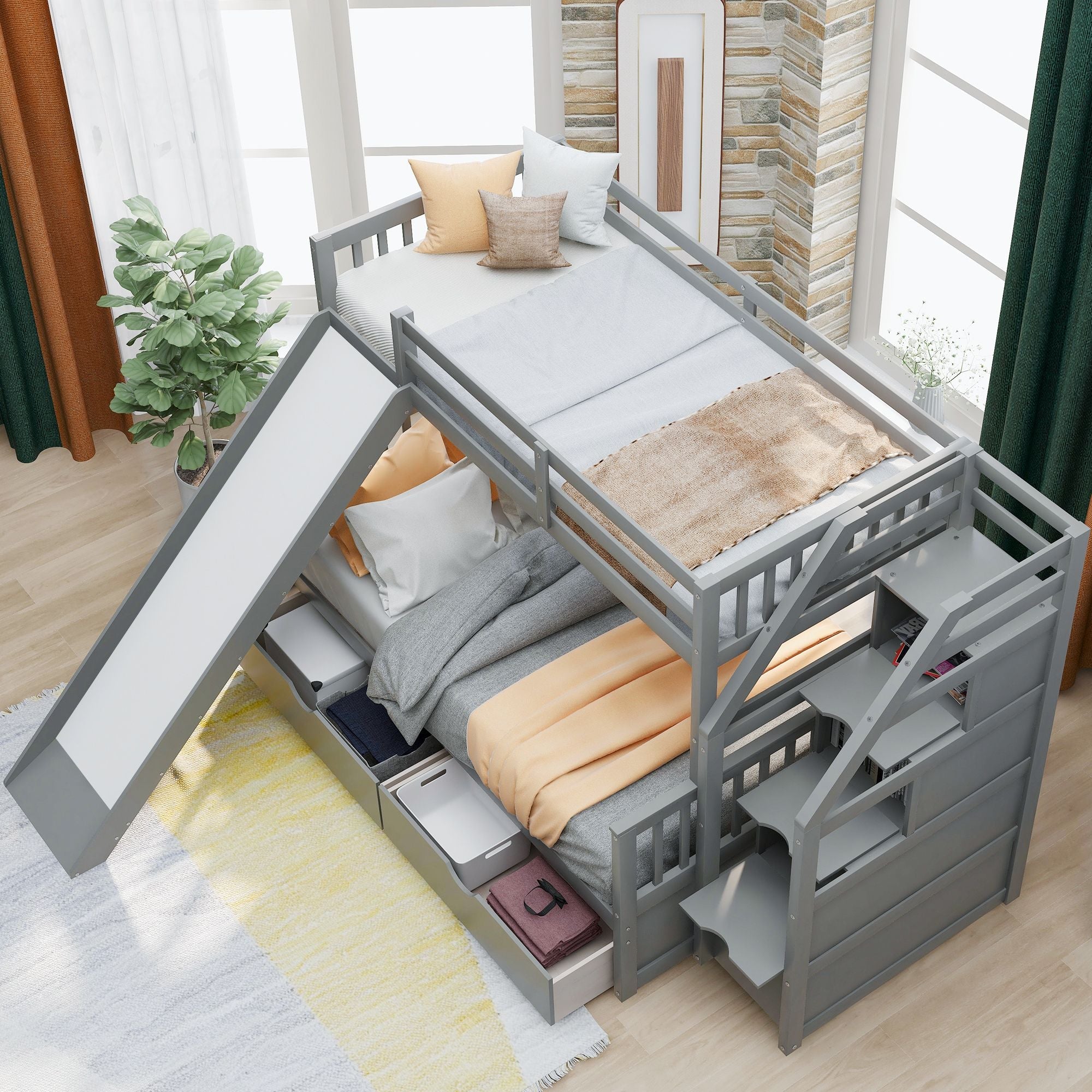 Space-Saving Twin Over Full Wood Bunk Bed with Storage Drawers, Slide, Stairs in Gray | Just Better Bunk Beds