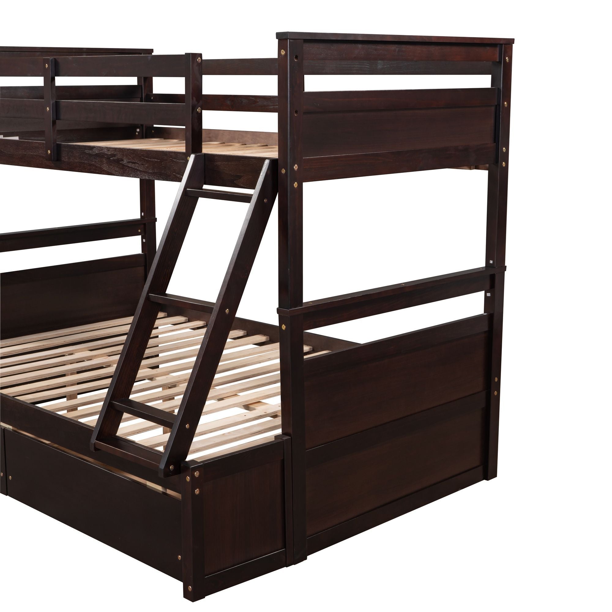Space-Saving Twin Over Full Wood Bunk Bed with Storage Drawers, White Gray Espresso | Just Better Bunk Beds