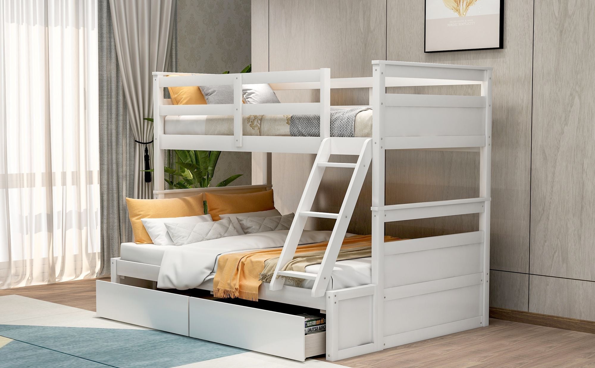 Space-Saving Twin Over Full Wood Bunk Bed with Storage Drawers, White Gray Espresso | Just Better Bunk Beds