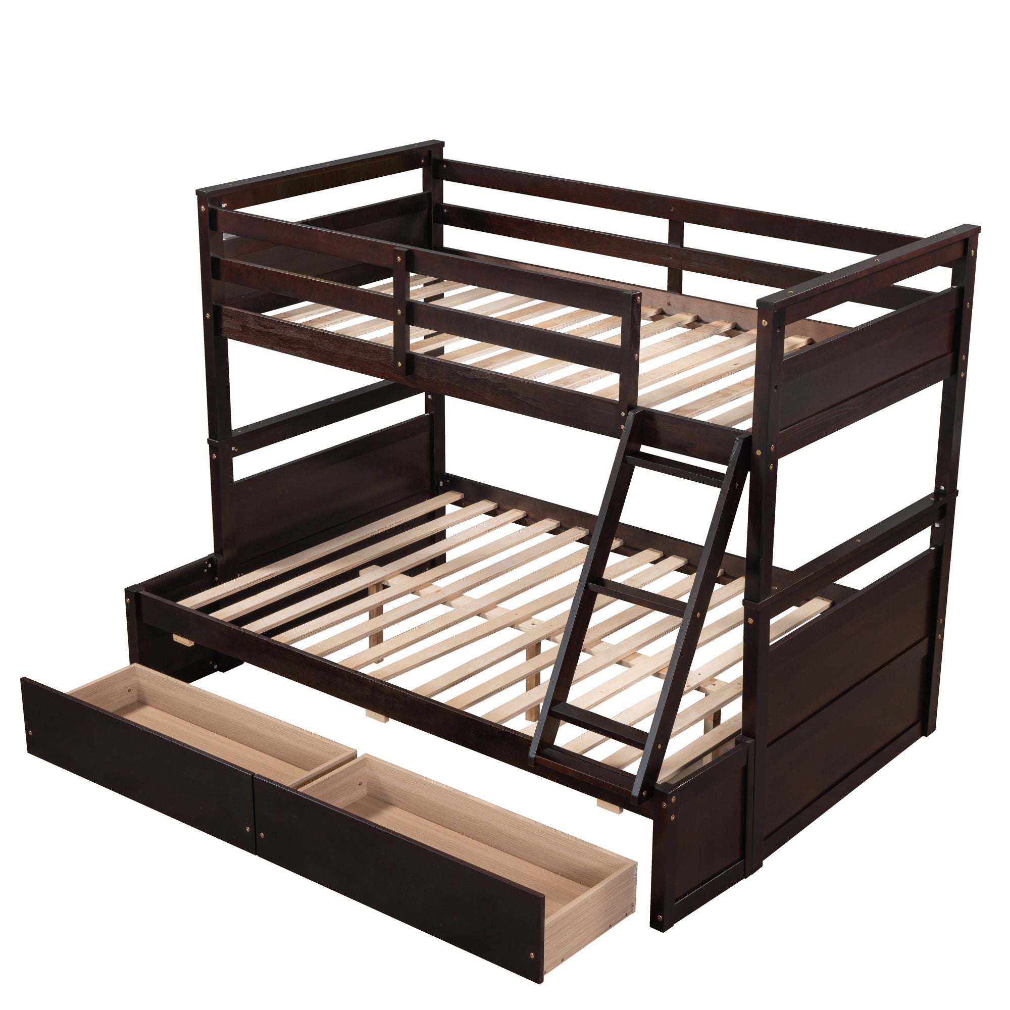 Space-Saving Twin Over Full Wood Bunk Bed with Storage Drawers, White Gray Espresso | Just Better Bunk Beds