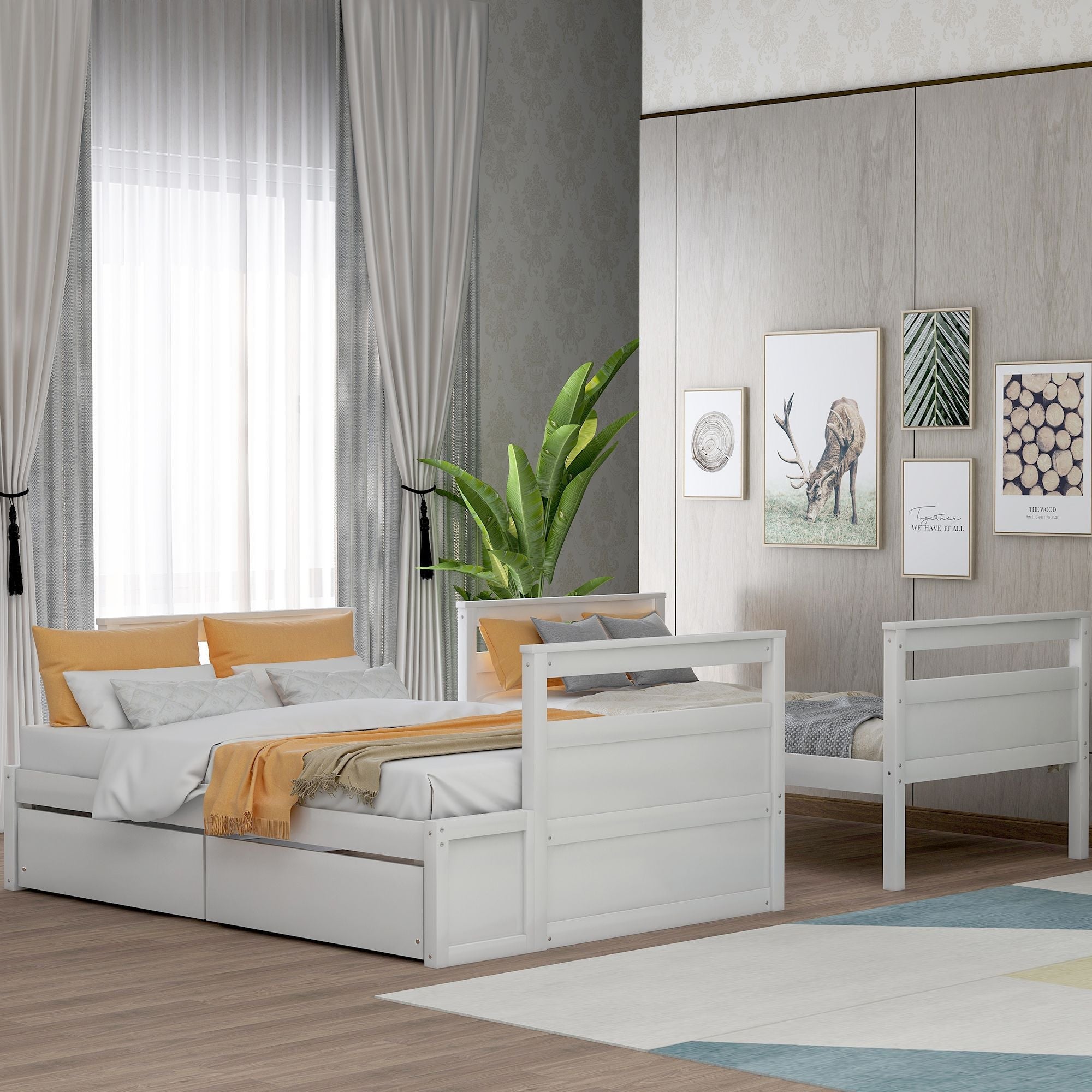 Space-Saving Twin Over Full Wood Bunk Bed with Storage Drawers, White Gray Espresso | Just Better Bunk Beds