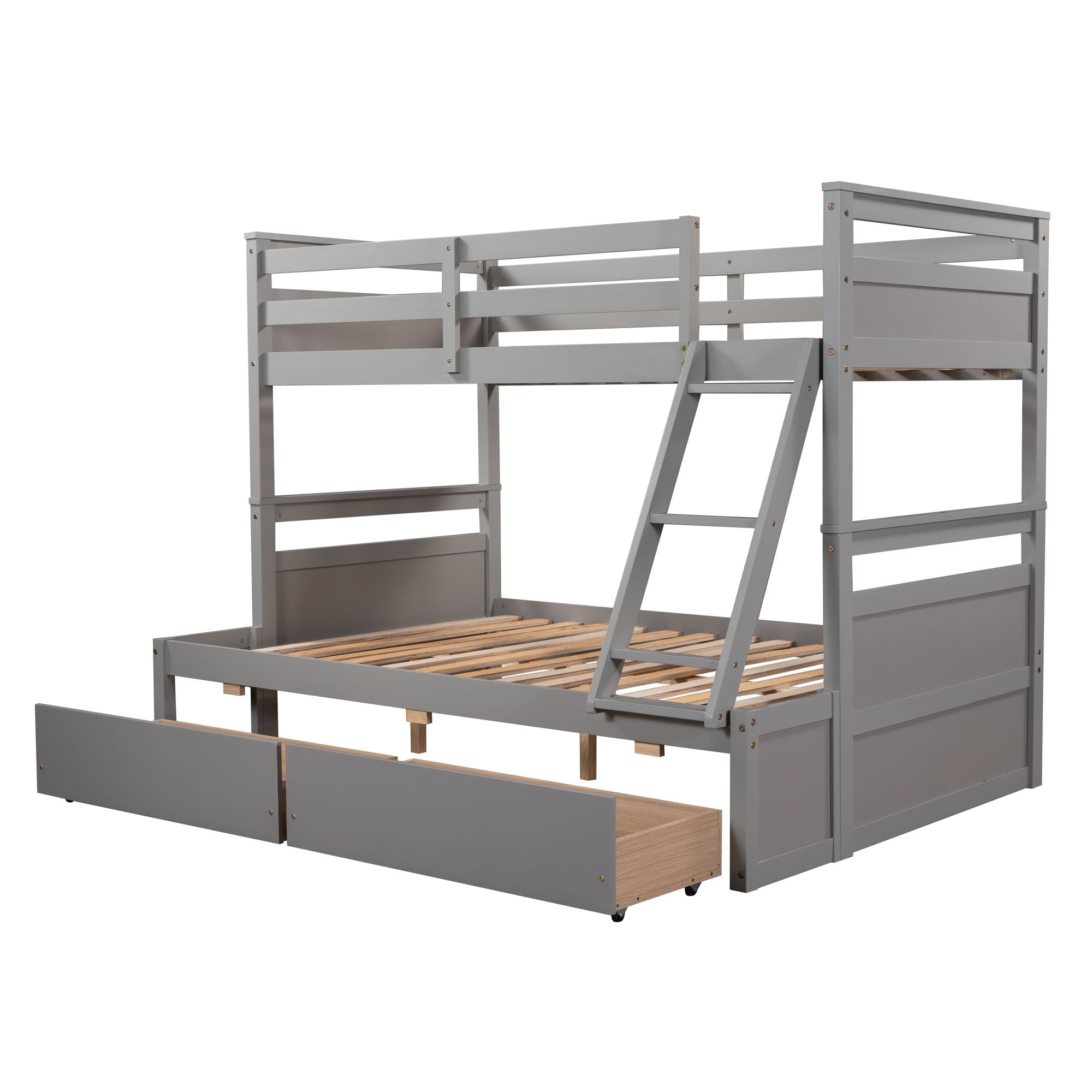 Space-Saving Twin Over Full Wood Bunk Bed with Storage Drawers, White Gray Espresso | Just Better Bunk Beds