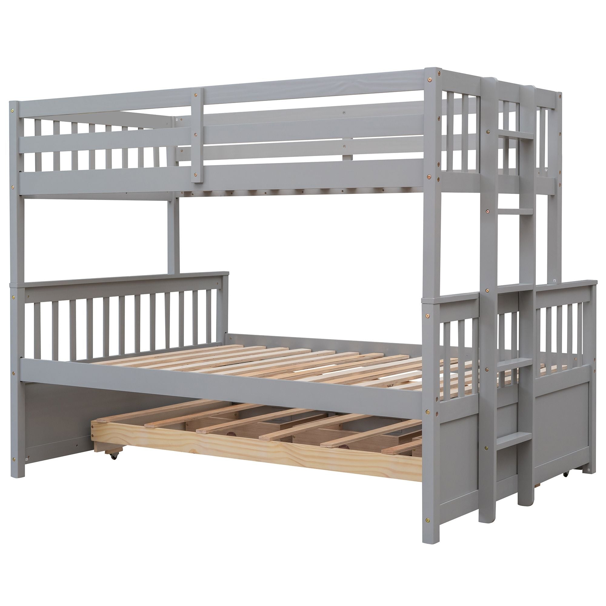 Space-Saving Twin-Over-Full Wood Bunk Bed with Trundle, 3 Drawers, White/Gray/Espresso | Just Better Bunk Beds