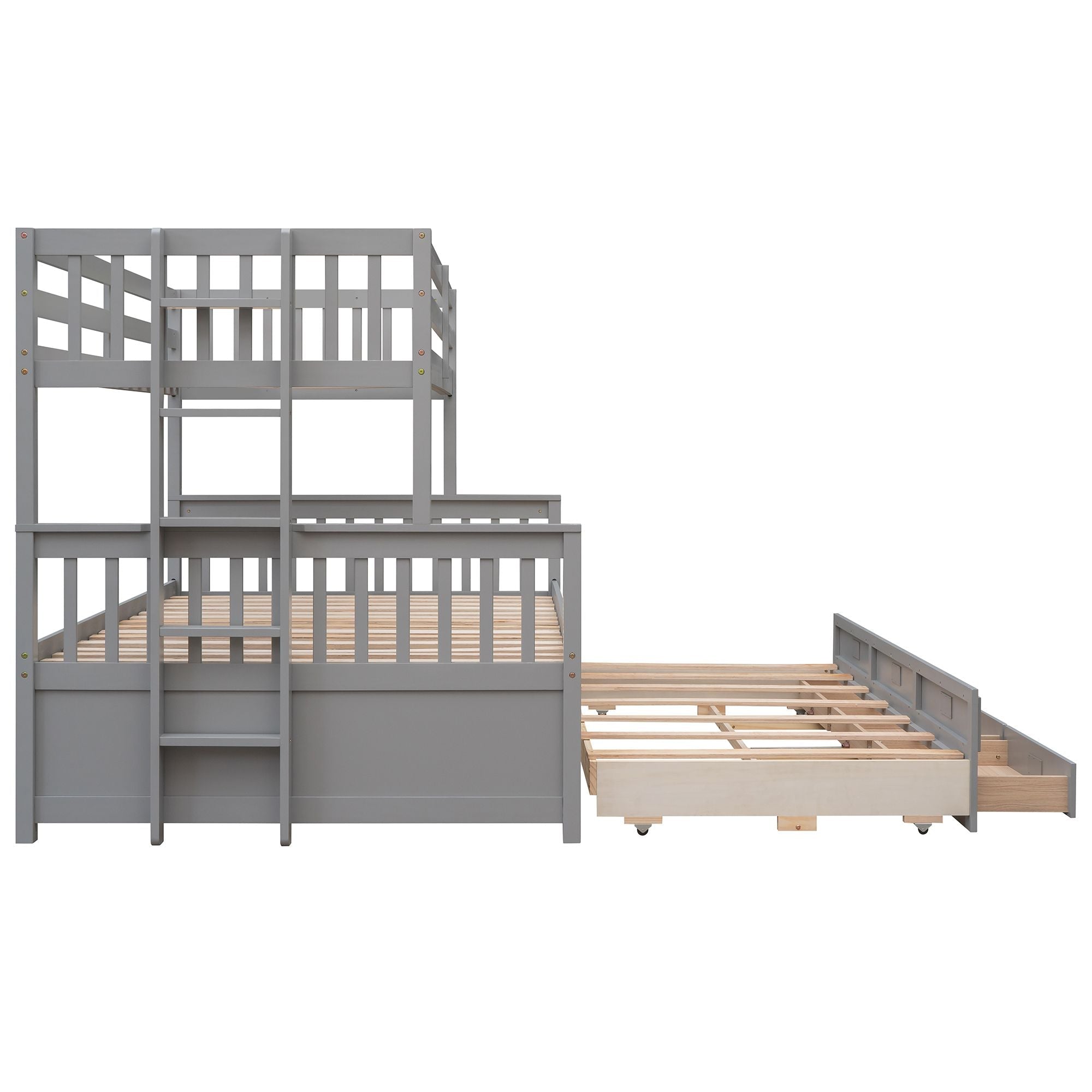 Space-Saving Twin-Over-Full Wood Bunk Bed with Trundle, 3 Drawers, White/Gray/Espresso | Just Better Bunk Beds