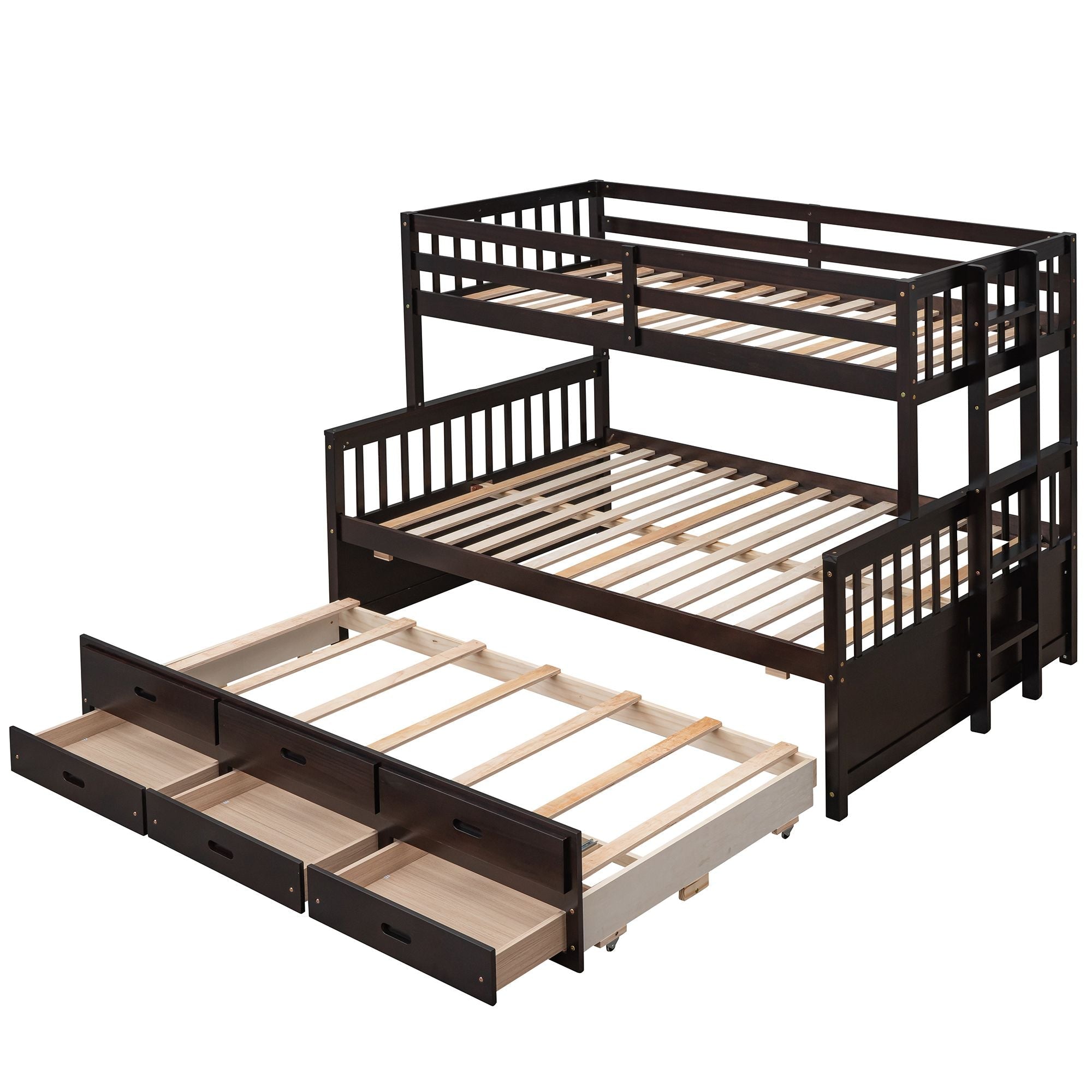 Space-Saving Twin-Over-Full Wood Bunk Bed with Trundle, 3 Drawers, White/Gray/Espresso | Just Better Bunk Beds