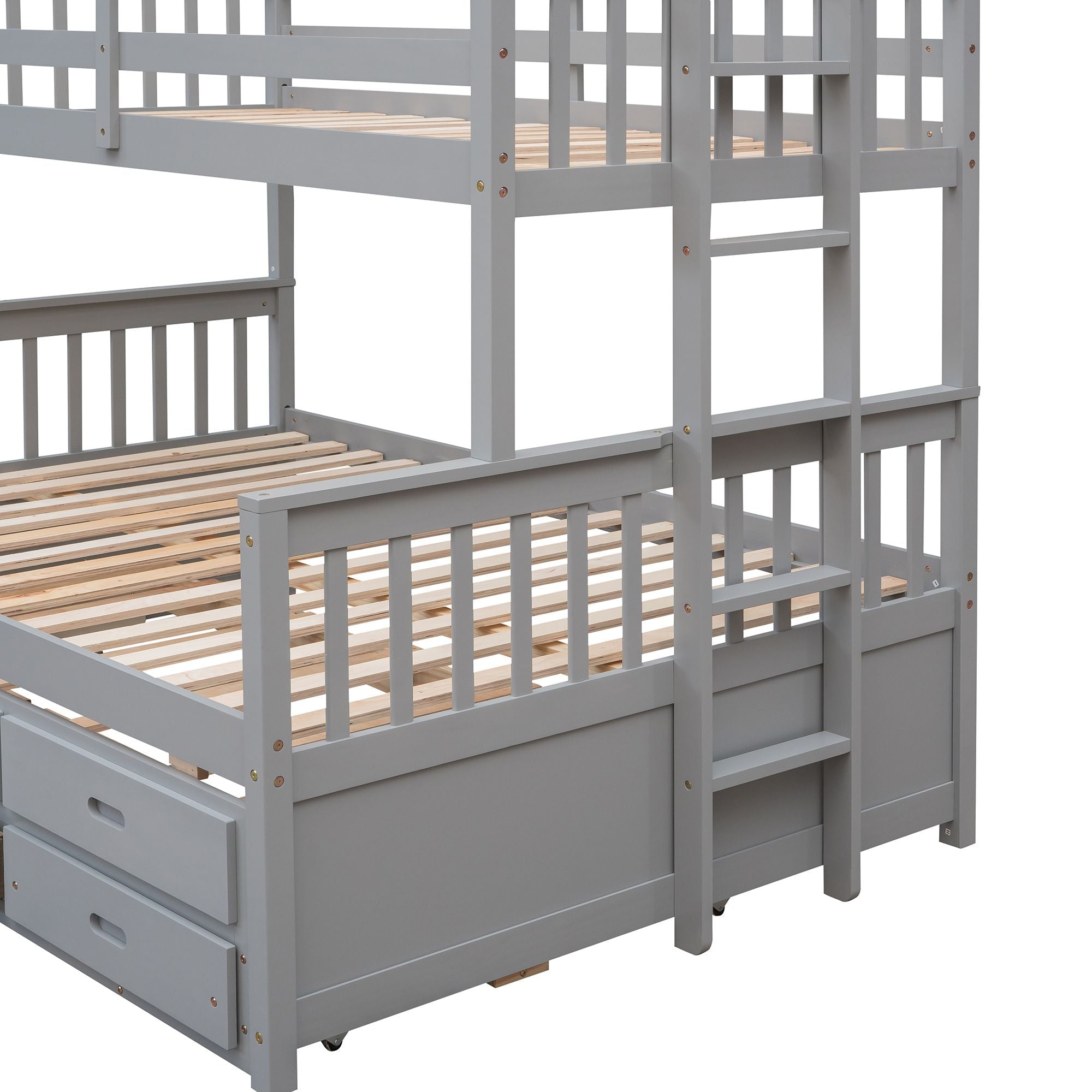 Space-Saving Twin-Over-Full Wood Bunk Bed with Trundle, 3 Drawers, White/Gray/Espresso | Just Better Bunk Beds