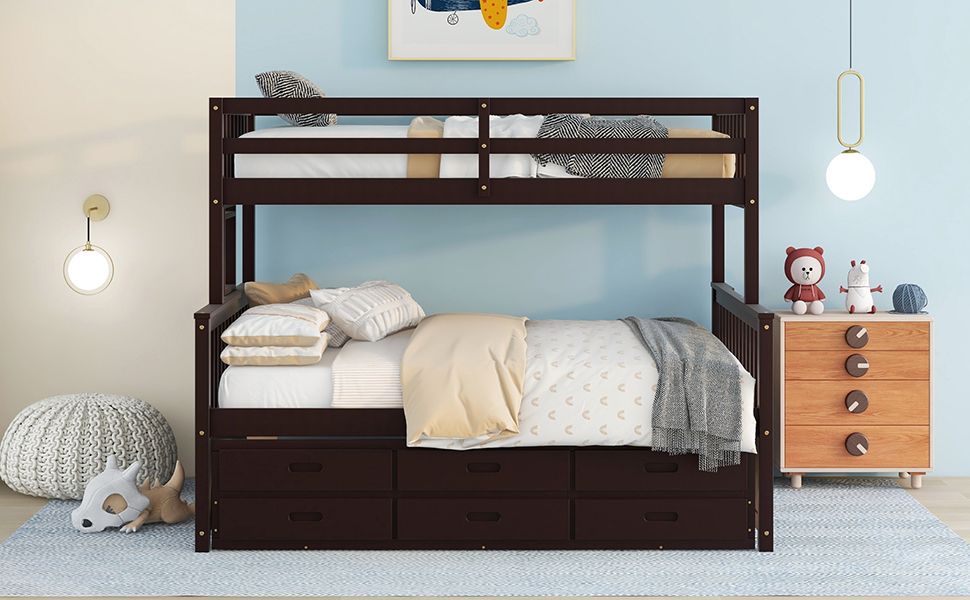 Space-Saving Twin-Over-Full Wood Bunk Bed with Trundle, 3 Drawers, White/Gray/Espresso | Just Better Bunk Beds