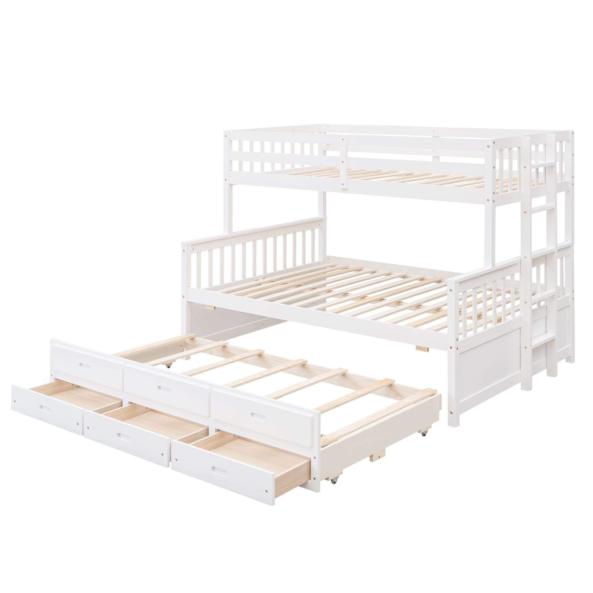 Space-Saving Twin-Over-Full Wood Bunk Bed with Trundle, 3 Drawers, White/Gray/Espresso | Just Better Bunk Beds