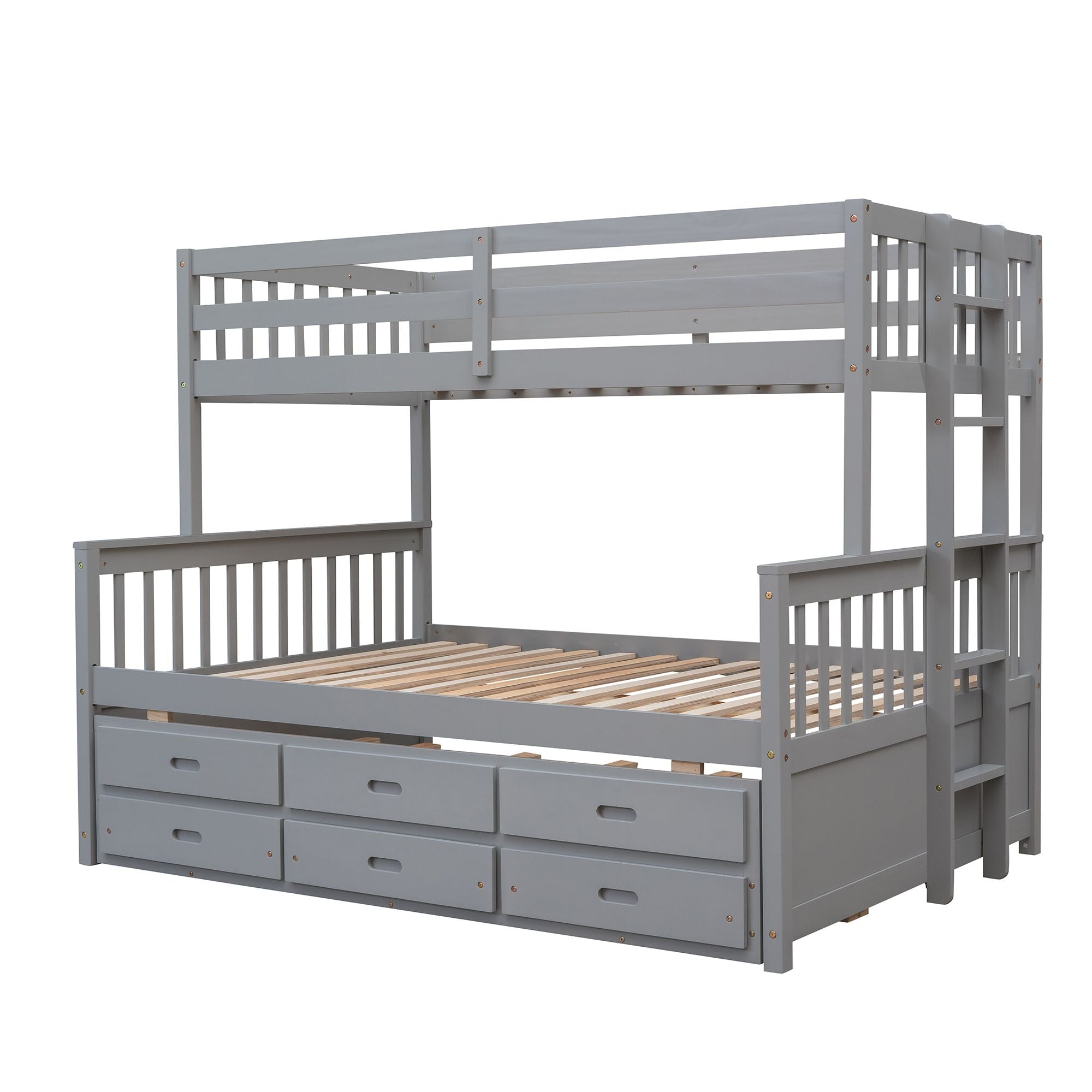 Space-Saving Twin-Over-Full Wood Bunk Bed with Trundle, 3 Drawers, White/Gray/Espresso | Just Better Bunk Beds