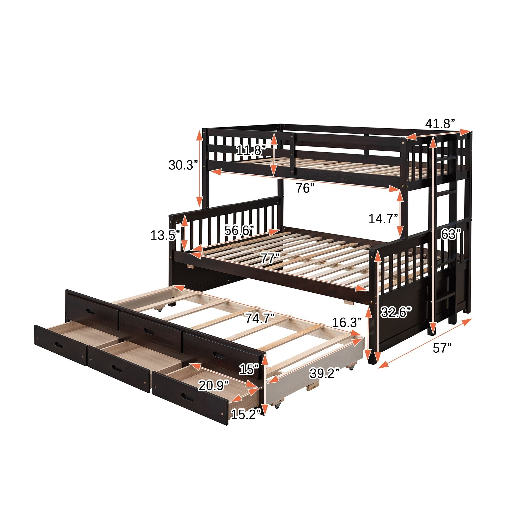 Space-Saving Twin-Over-Full Wood Bunk Bed with Trundle, 3 Drawers, White/Gray/Espresso | Just Better Bunk Beds