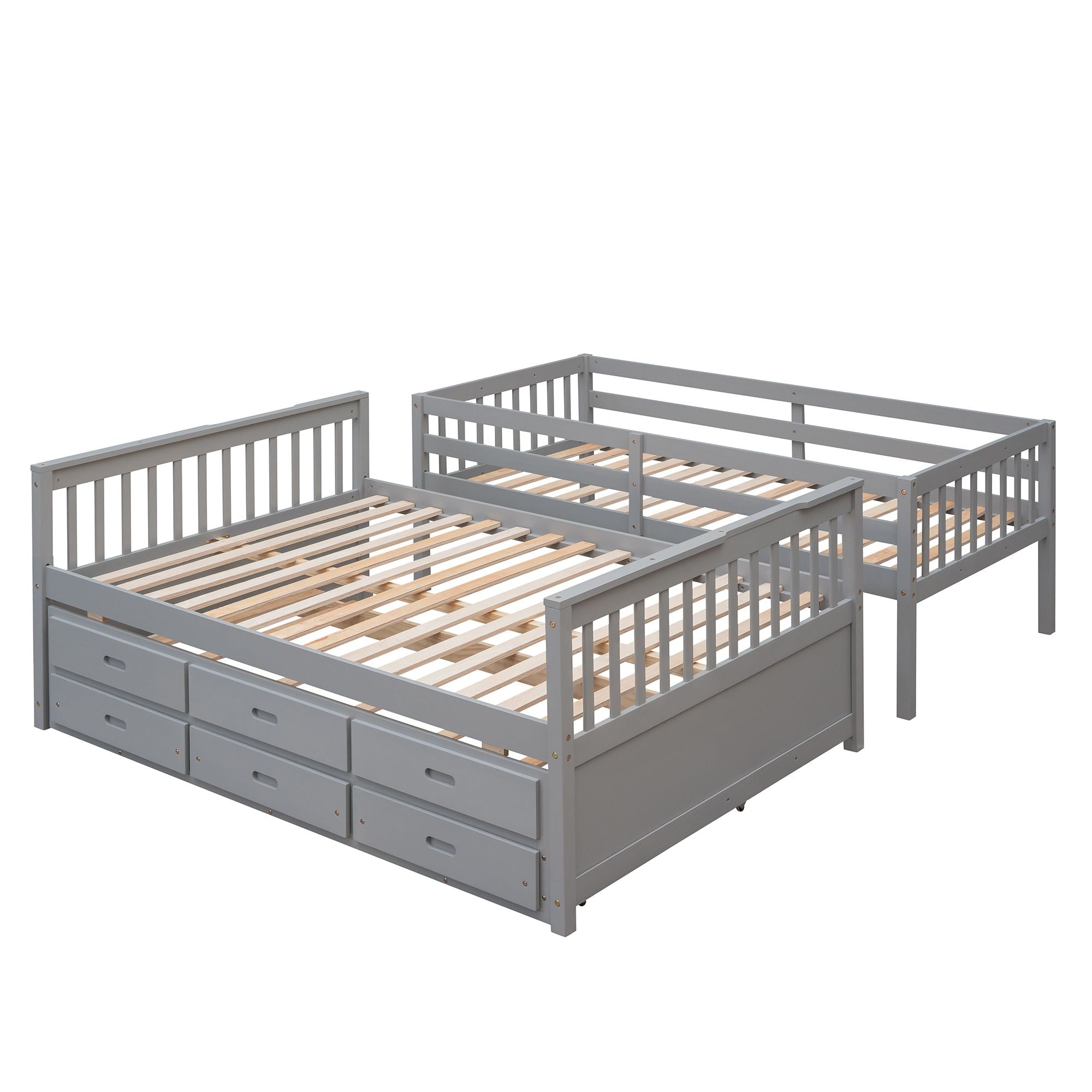 Space-Saving Twin-Over-Full Wood Bunk Bed with Trundle, 3 Drawers, White/Gray/Espresso | Just Better Bunk Beds