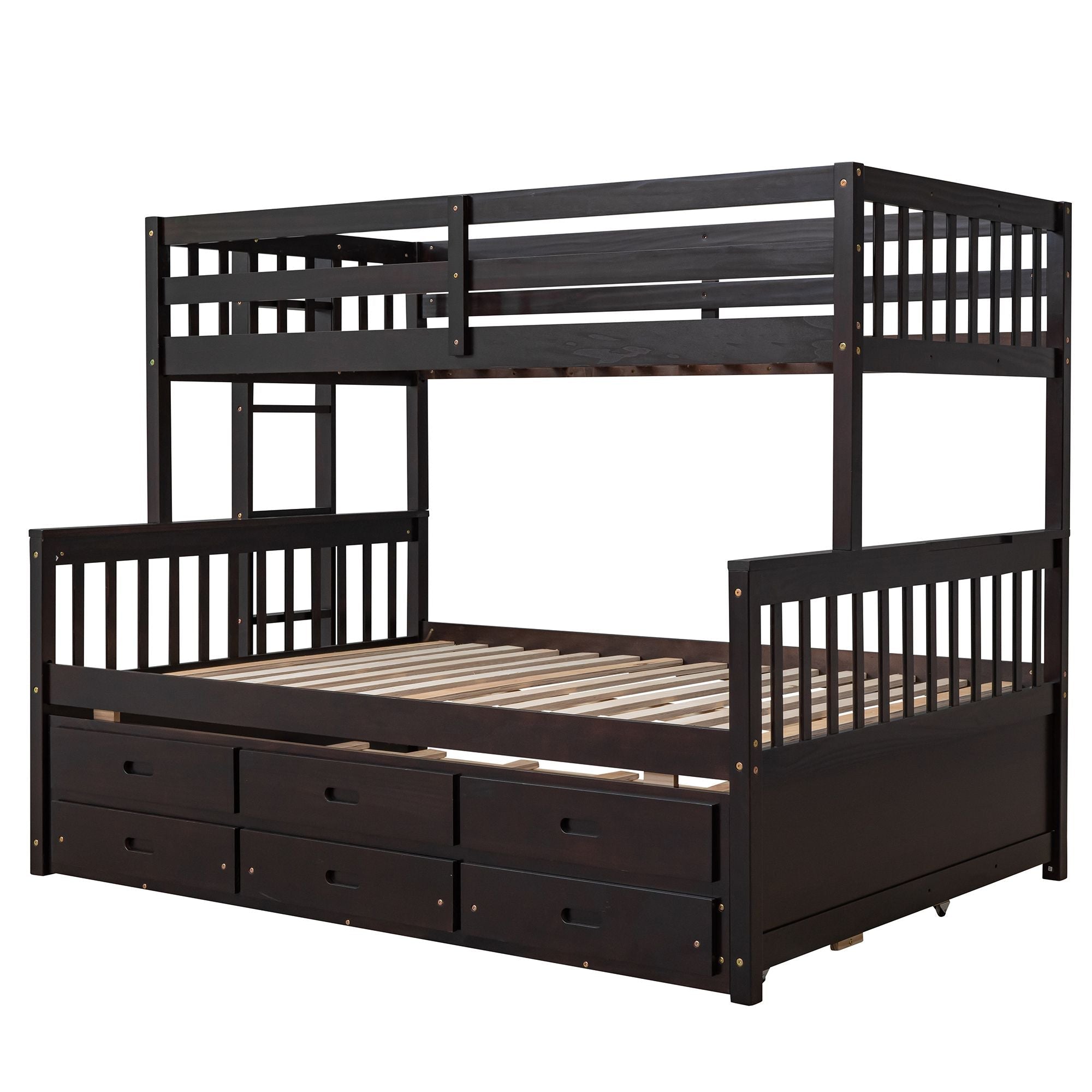 Space-Saving Twin Over Full Wood Bunk Bed with Trundle and 3 Drawers, White | Just Better Bunk Beds