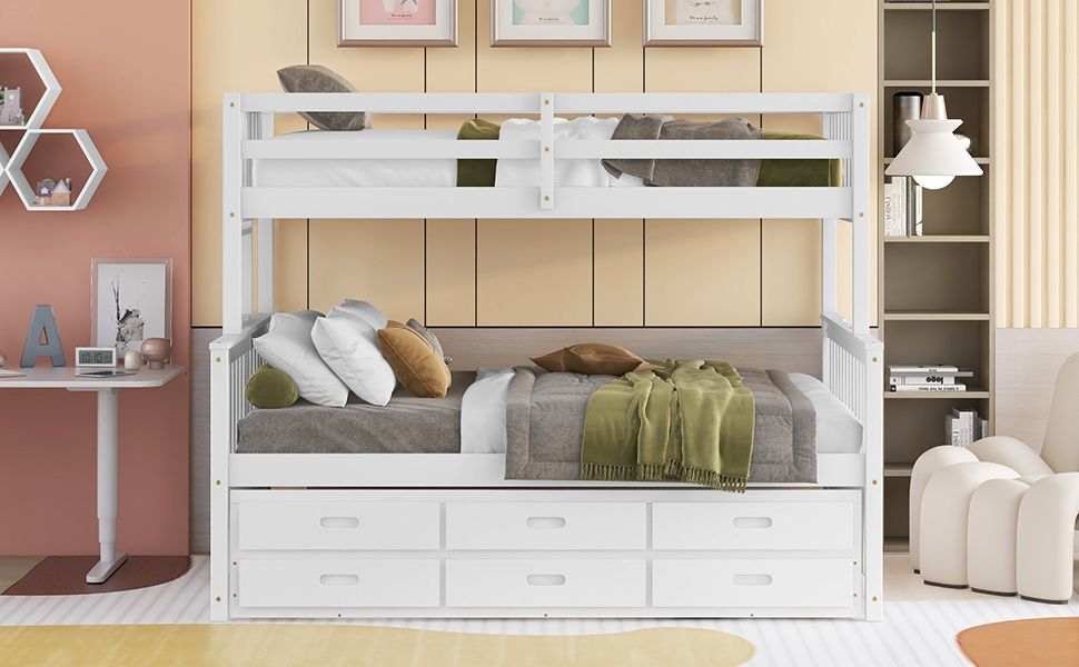 Space-Saving Twin Over Full Wood Bunk Bed with Trundle and 3 Drawers, White | Just Better Bunk Beds
