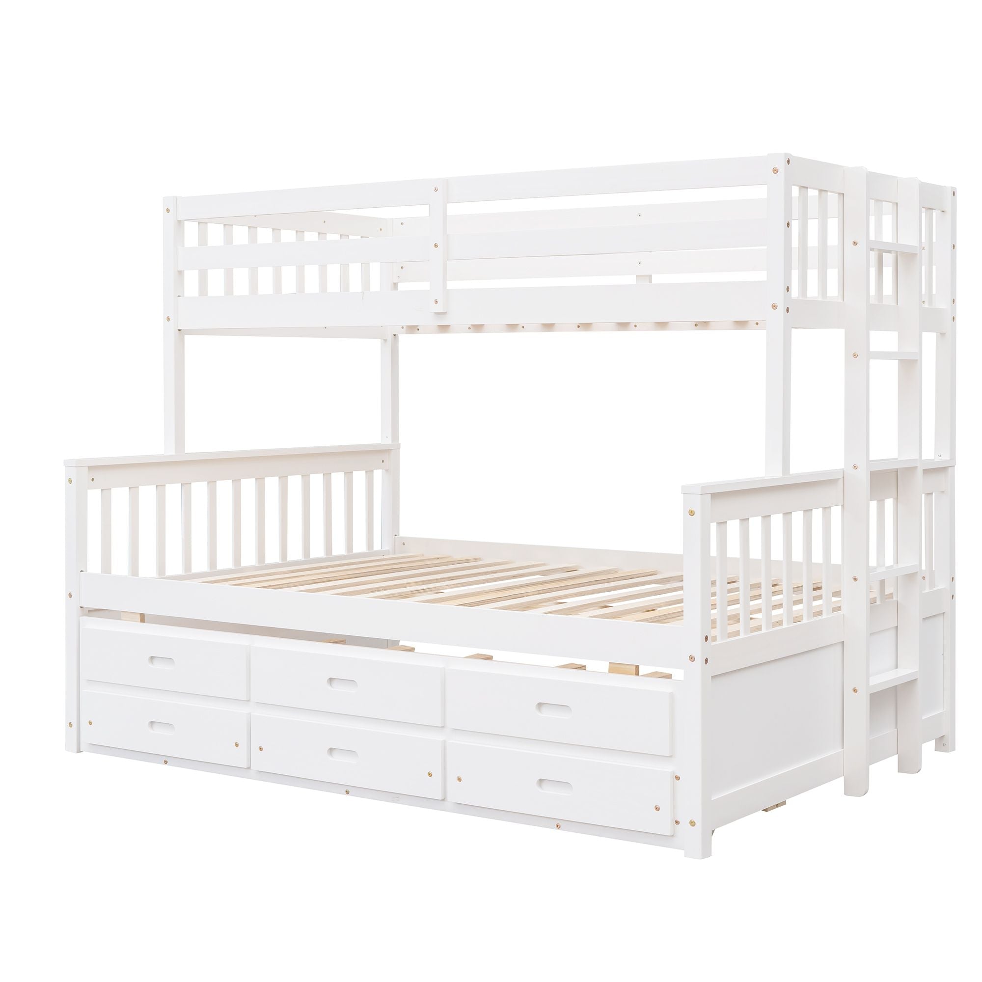 Space-Saving Twin Over Full Wood Bunk Bed with Trundle and 3 Drawers, White | Just Better Bunk Beds