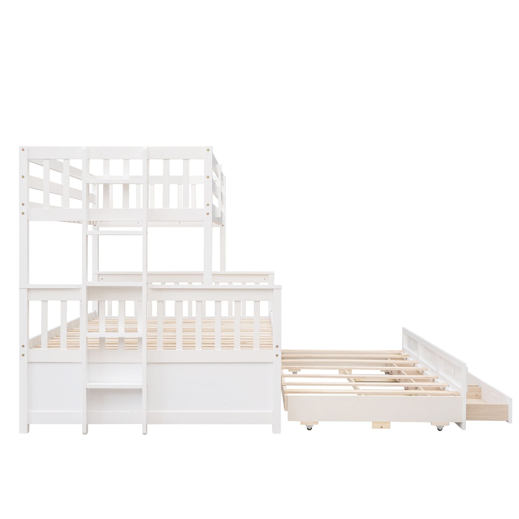 Space-Saving Twin Over Full Wood Bunk Bed with Trundle and 3 Drawers, White | Just Better Bunk Beds