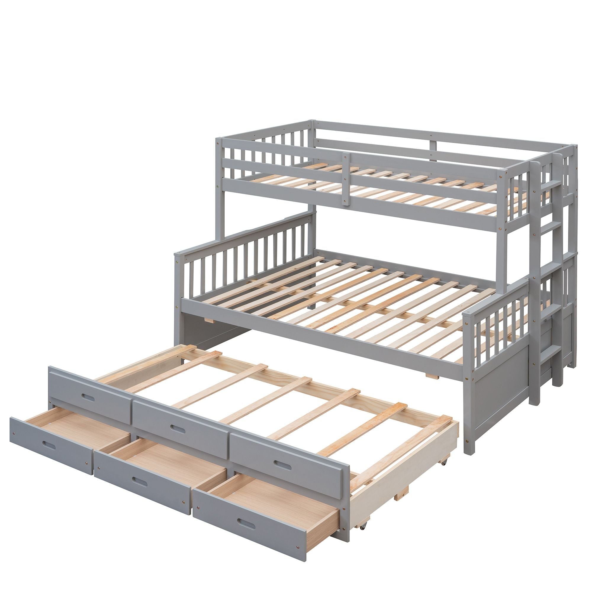 Space-Saving Twin Over Full Wood Bunk Bed with Trundle and 3 Drawers, White | Just Better Bunk Beds