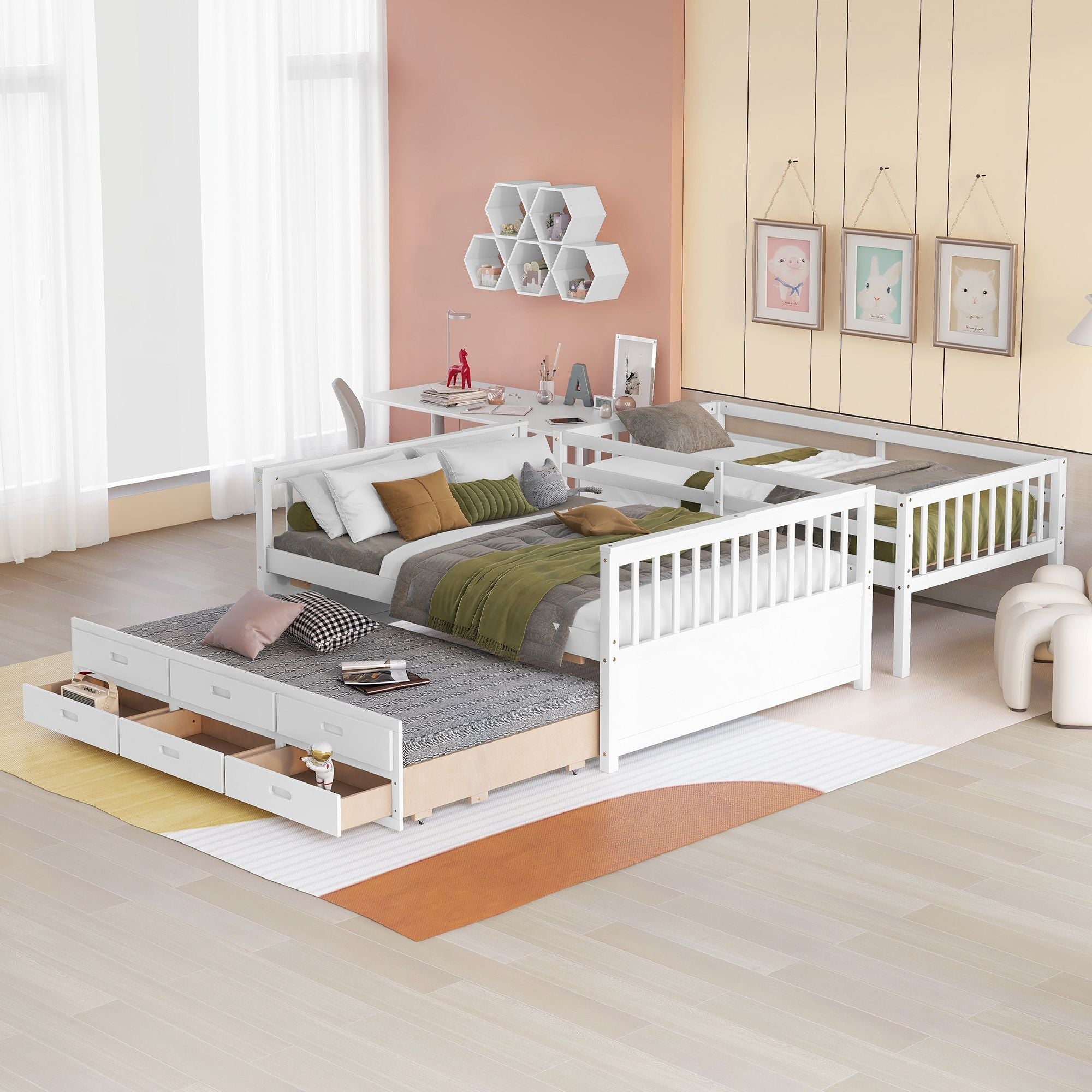 Space-Saving Twin Over Full Wood Bunk Bed with Trundle and 3 Drawers, White | Just Better Bunk Beds