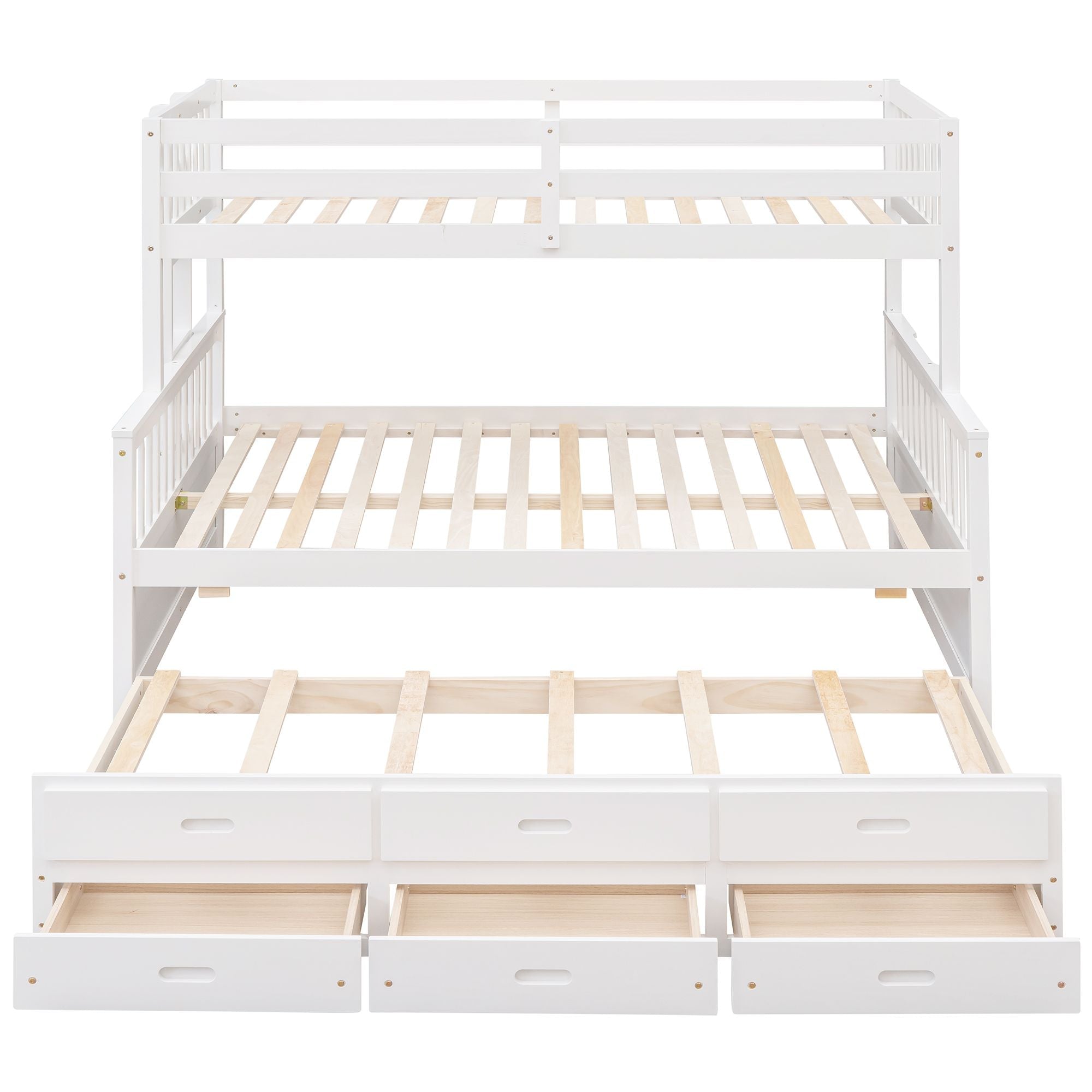 Space-Saving Twin Over Full Wood Bunk Bed with Trundle and 3 Drawers, White | Just Better Bunk Beds