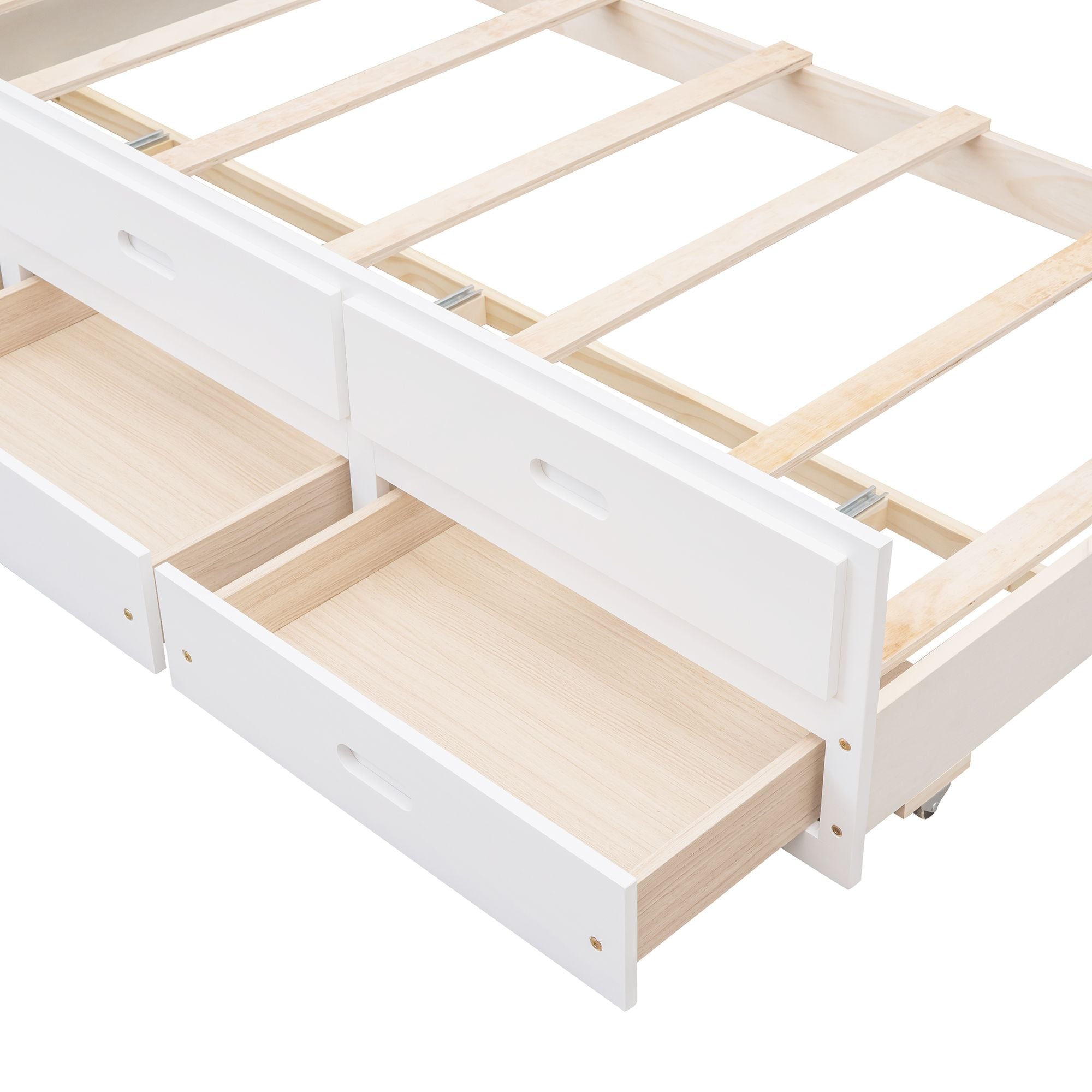 Space-Saving Twin Over Full Wood Bunk Bed with Trundle and 3 Drawers, White | Just Better Bunk Beds