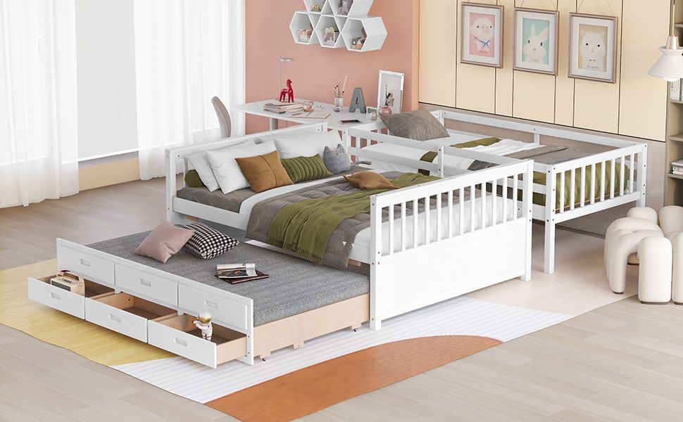 Space-Saving Twin Over Full Wood Bunk Bed with Trundle and 3 Drawers, White | Just Better Bunk Beds