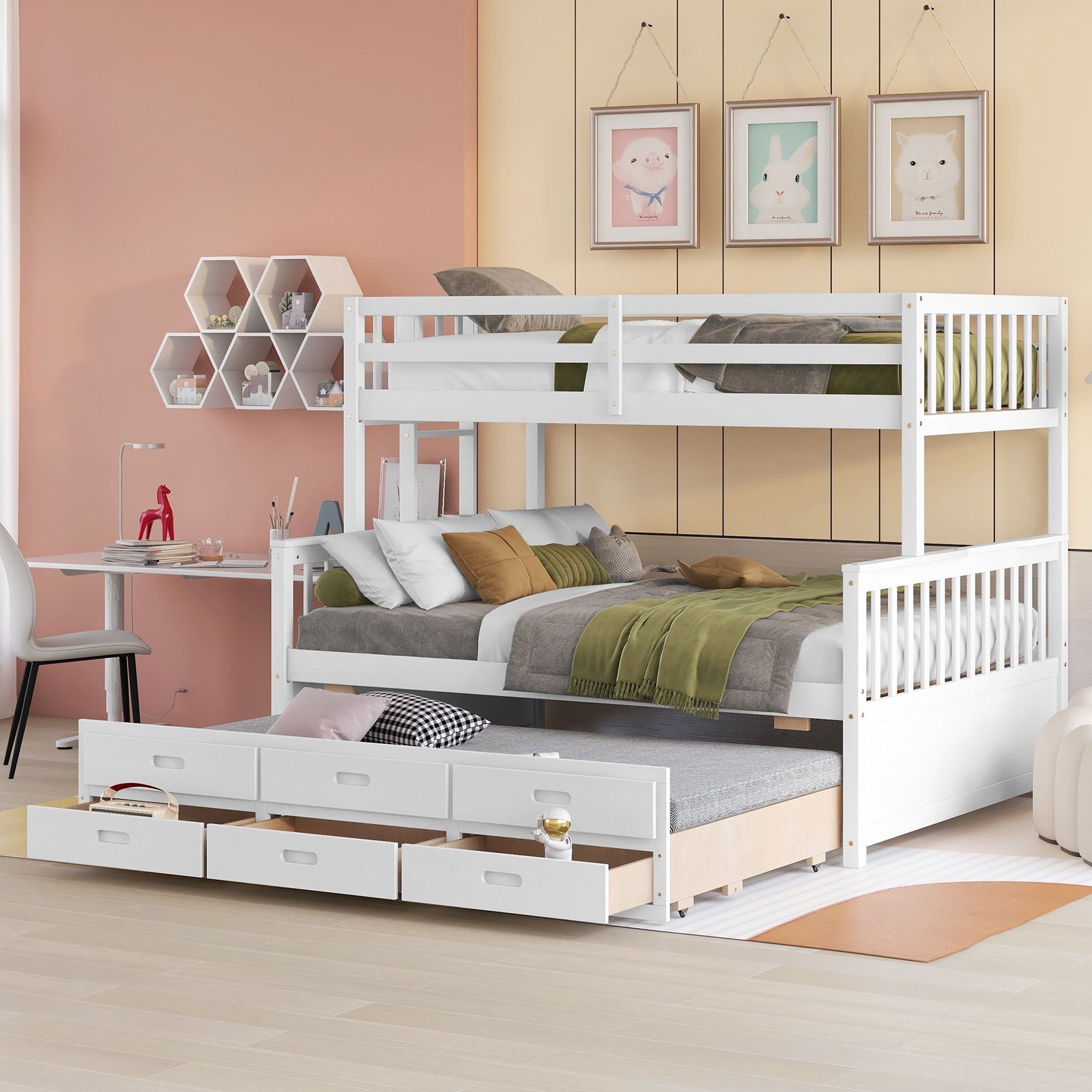 Space-Saving Twin Over Full Wood Bunk Bed with Trundle and 3 Drawers, White | Just Better Bunk Beds