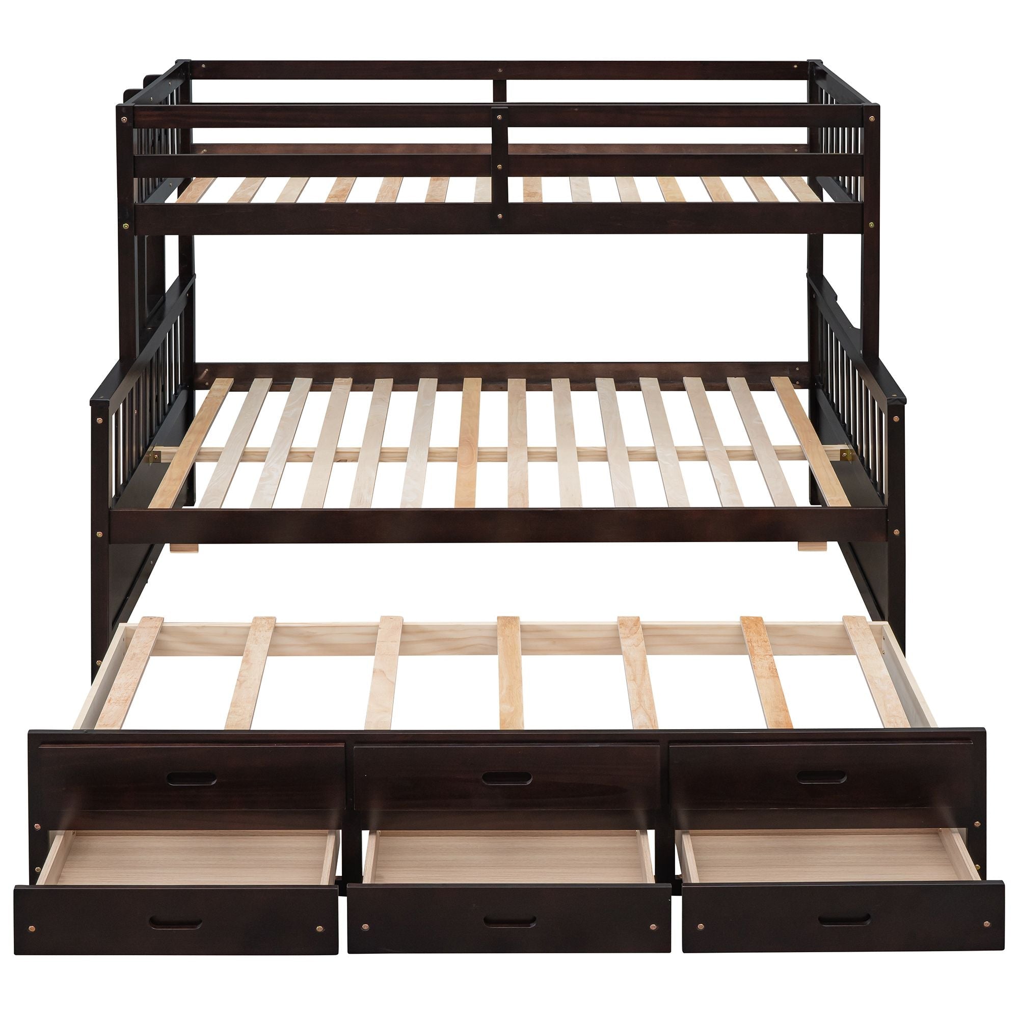 Space-Saving Twin Over Full Wood Bunk Bed with Trundle and 3 Drawers, White | Just Better Bunk Beds