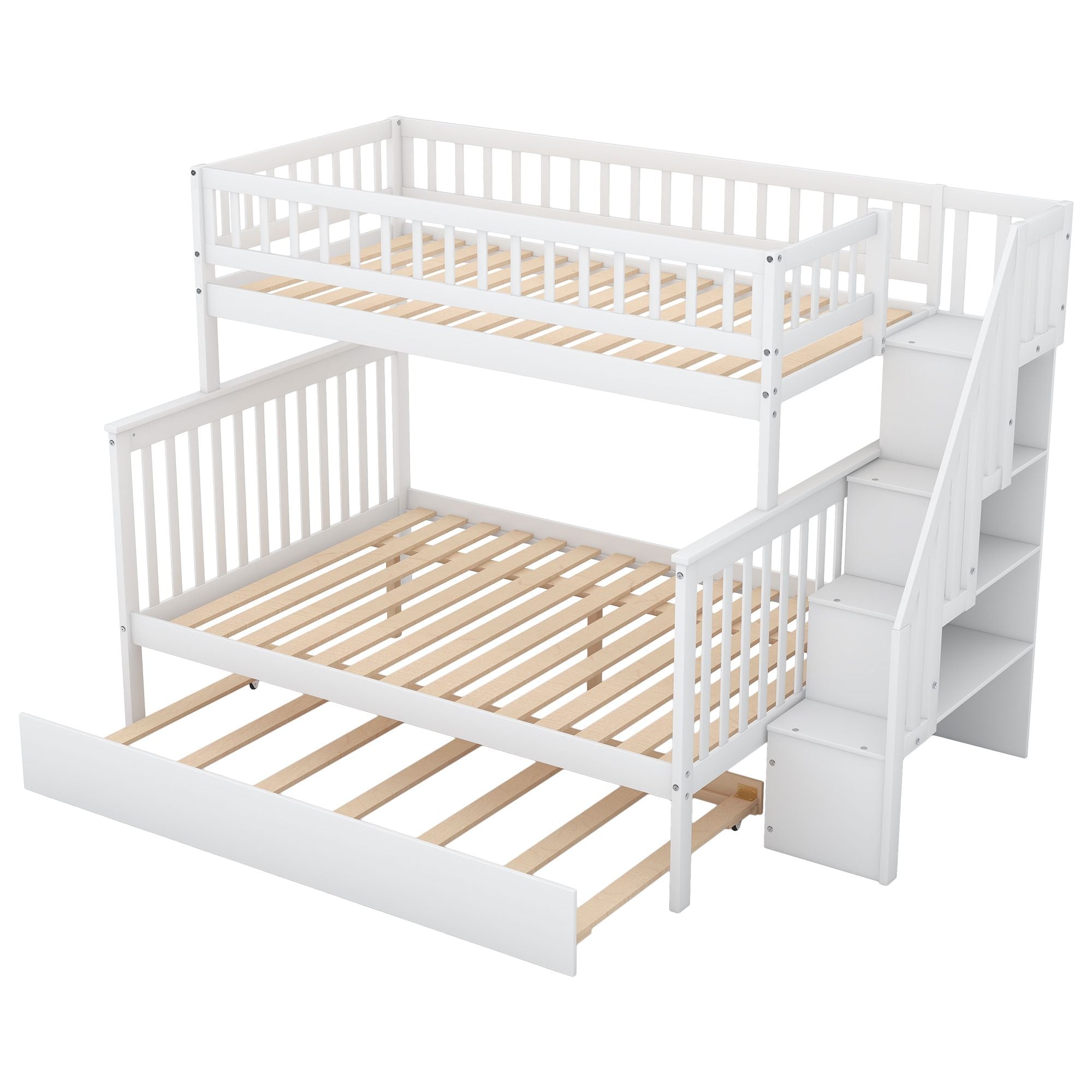 Space-Saving Twin Over Full Wood Bunk Bed with Trundle and Storage Staircase in White | Just Better Bunk Beds