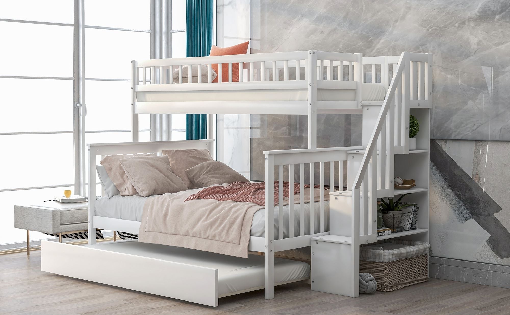 Space-Saving Twin Over Full Wood Bunk Bed with Trundle and Storage Staircase in White | Just Better Bunk Beds