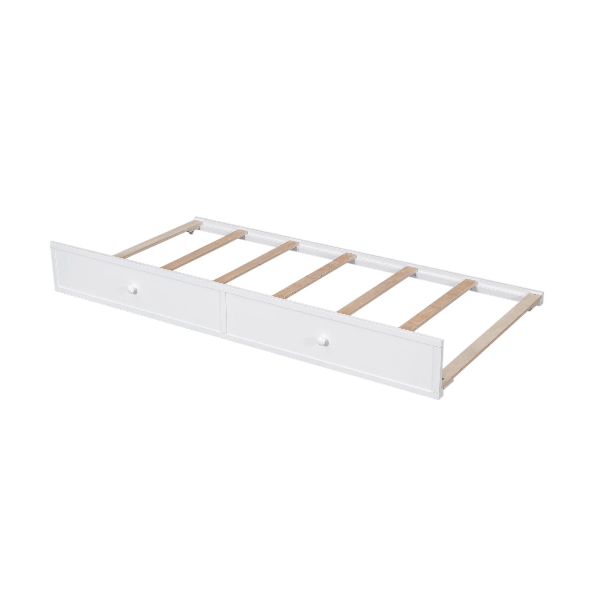 Space-Saving Twin Over Full Wood Bunk Bed with Twin Trundle, Storage, and Guard Rails in White | Just Better Bunk Beds
