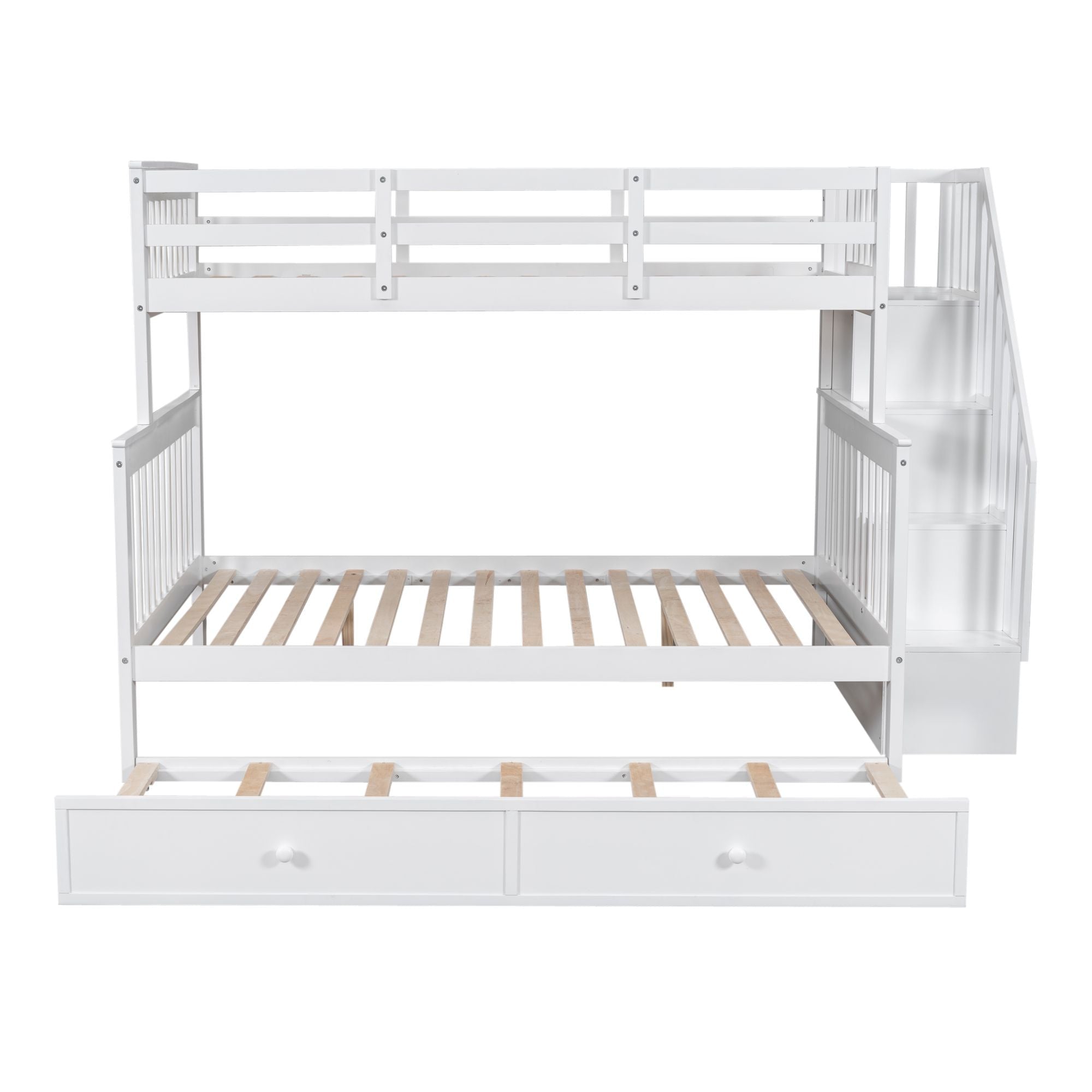 Space-Saving Twin Over Full Wood Bunk Bed with Twin Trundle, Storage, and Guard Rails in White | Just Better Bunk Beds