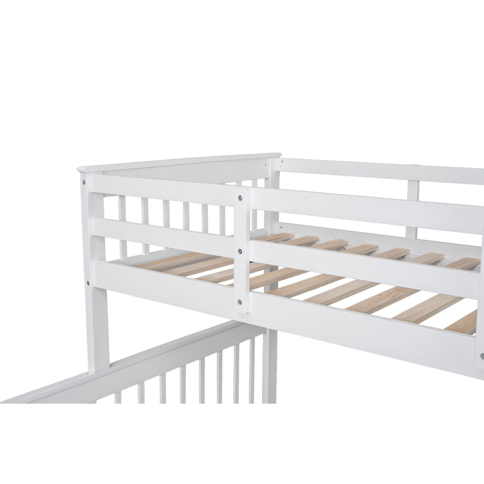 Space-Saving Twin Over Full Wood Bunk Bed with Twin Trundle, Storage, and Guard Rails in White | Just Better Bunk Beds
