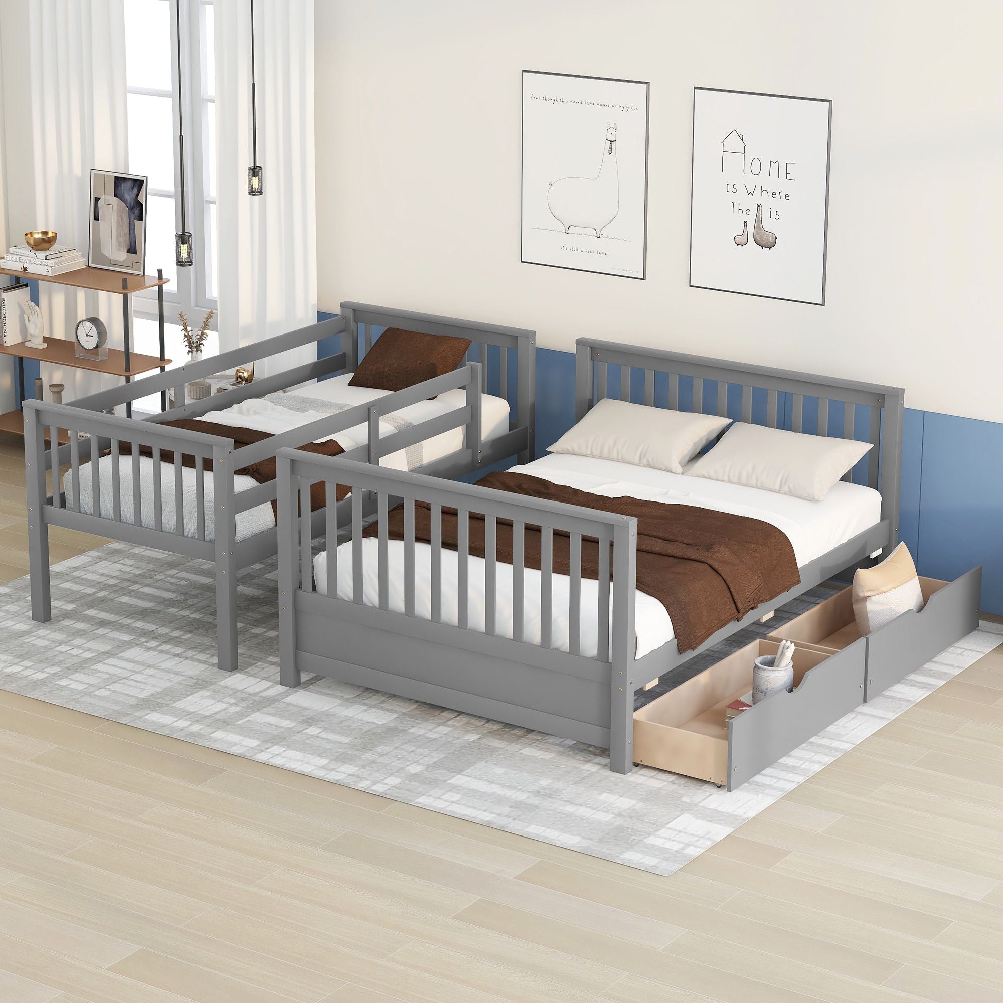Space-Saving Twin Over Full Wood Bunk Bed with Two Storage Drawers and Ladders, Multiple Colors | Just Better Bunk Beds