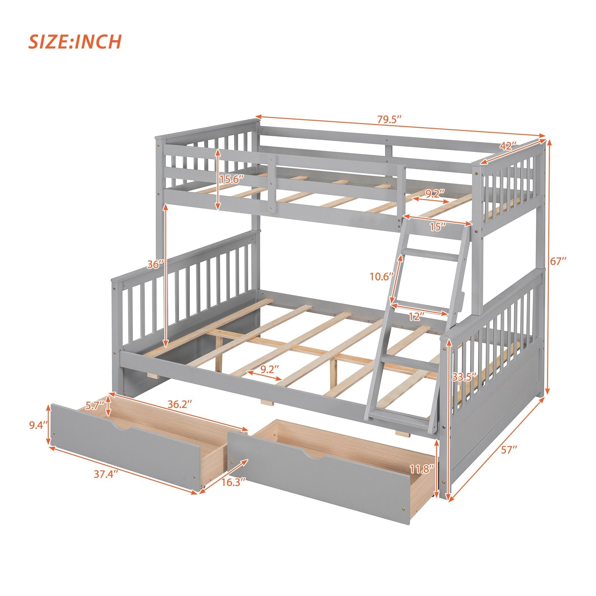 Space-Saving Twin Over Full Wood Bunk Bed with Two Storage Drawers and Ladders, Multiple Colors | Just Better Bunk Beds