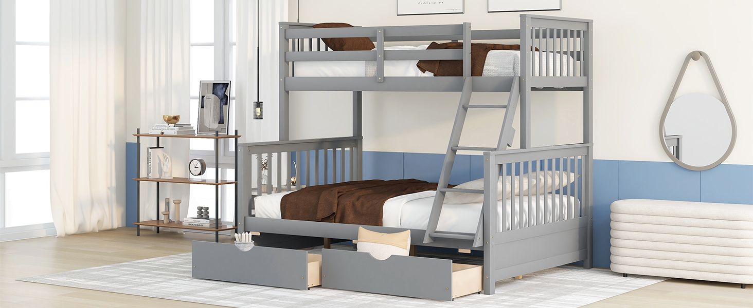 Space-Saving Twin Over Full Wood Bunk Bed with Two Storage Drawers and Ladders, Multiple Colors | Just Better Bunk Beds