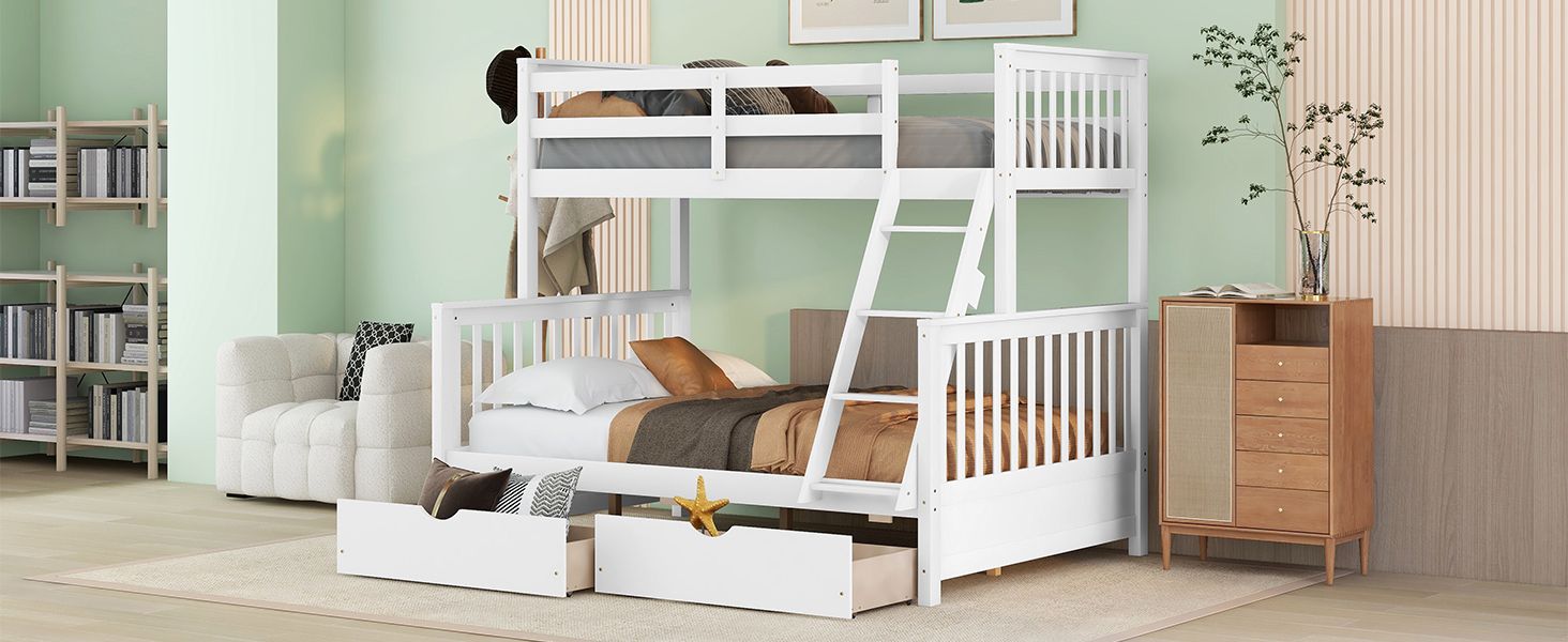 Space-Saving Twin Over Full Wood Bunk Bed with Two Storage Drawers and Ladders, Multiple Colors | Just Better Bunk Beds