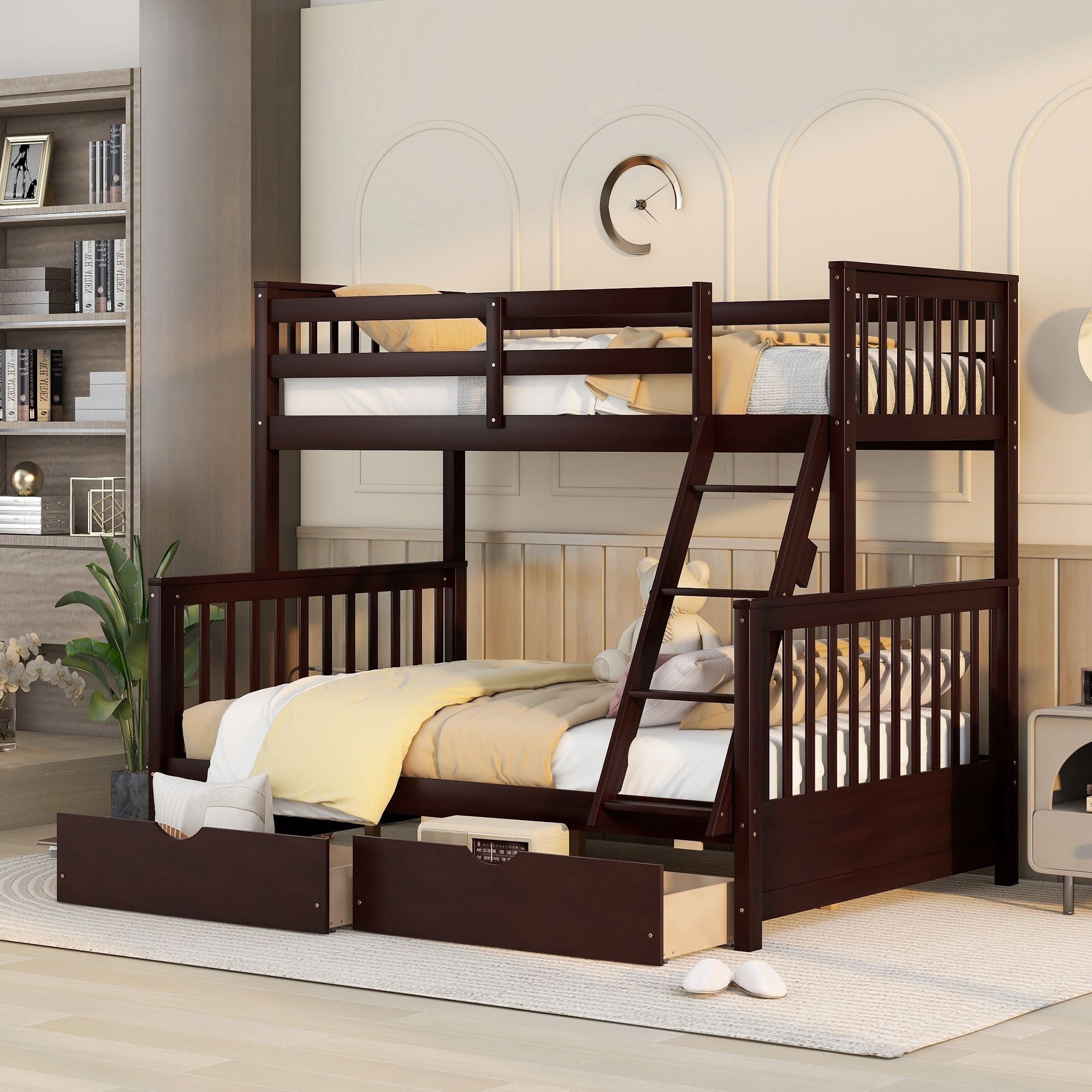 Space-Saving Twin Over Full Wood Bunk Bed with Two Storage Drawers and Ladders, Multiple Colors | Just Better Bunk Beds