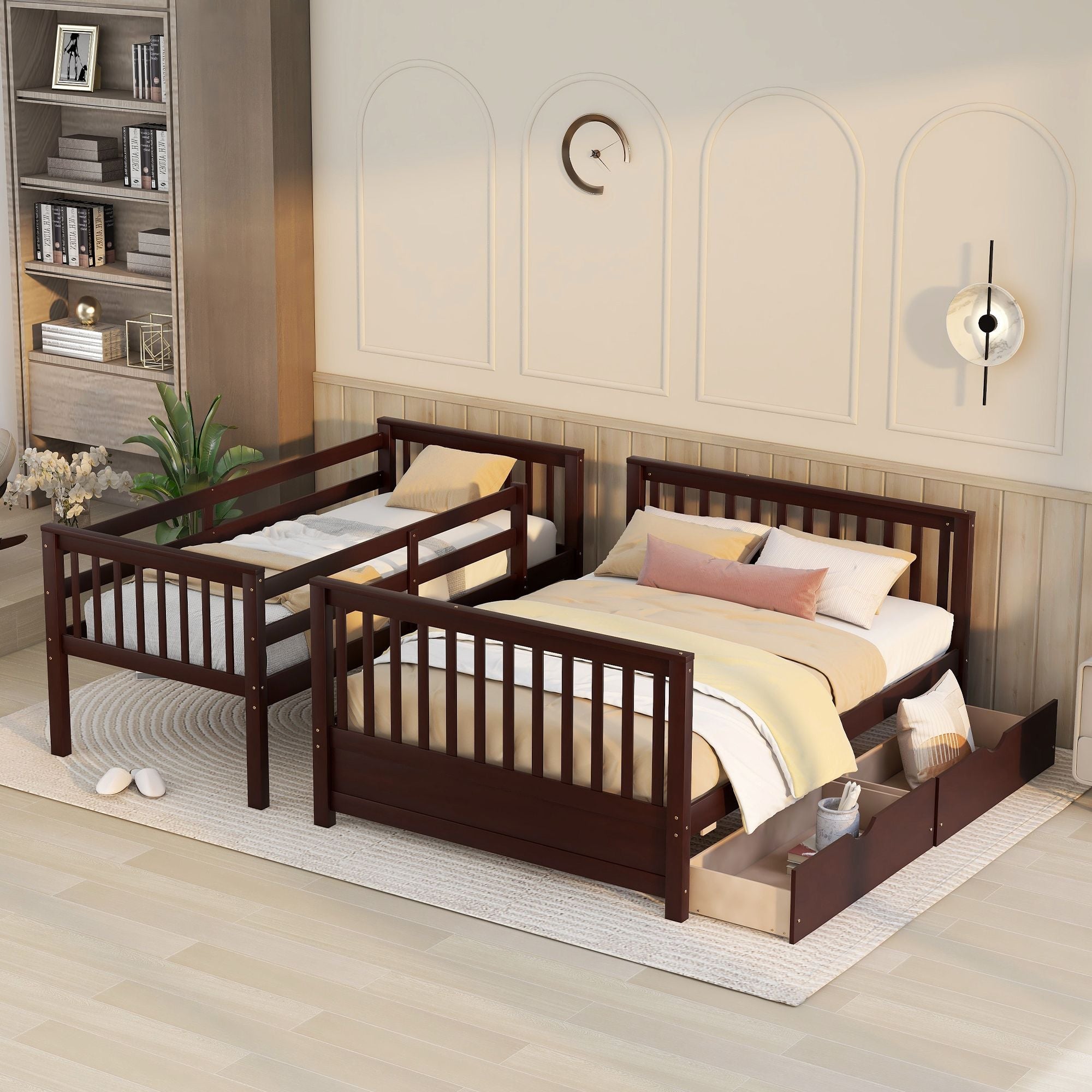 Space-Saving Twin Over Full Wood Bunk Bed with Two Storage Drawers and Ladders, Multiple Colors | Just Better Bunk Beds