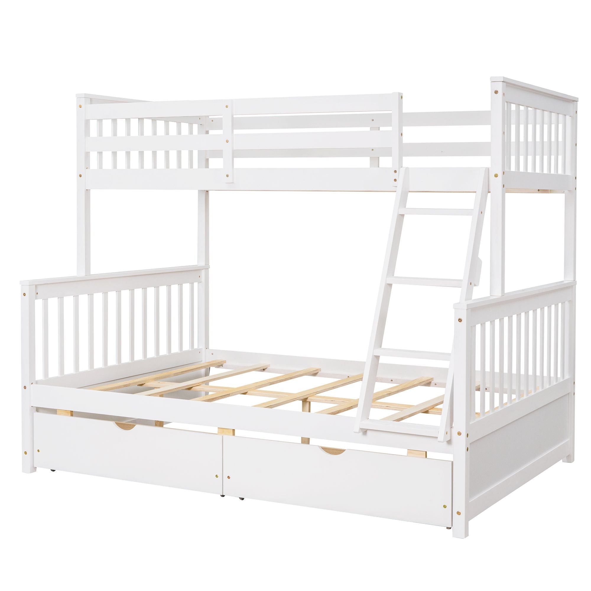 Space-Saving Twin Over Full Wood Bunk Bed with Two Storage Drawers and Ladders, Multiple Colors | Just Better Bunk Beds