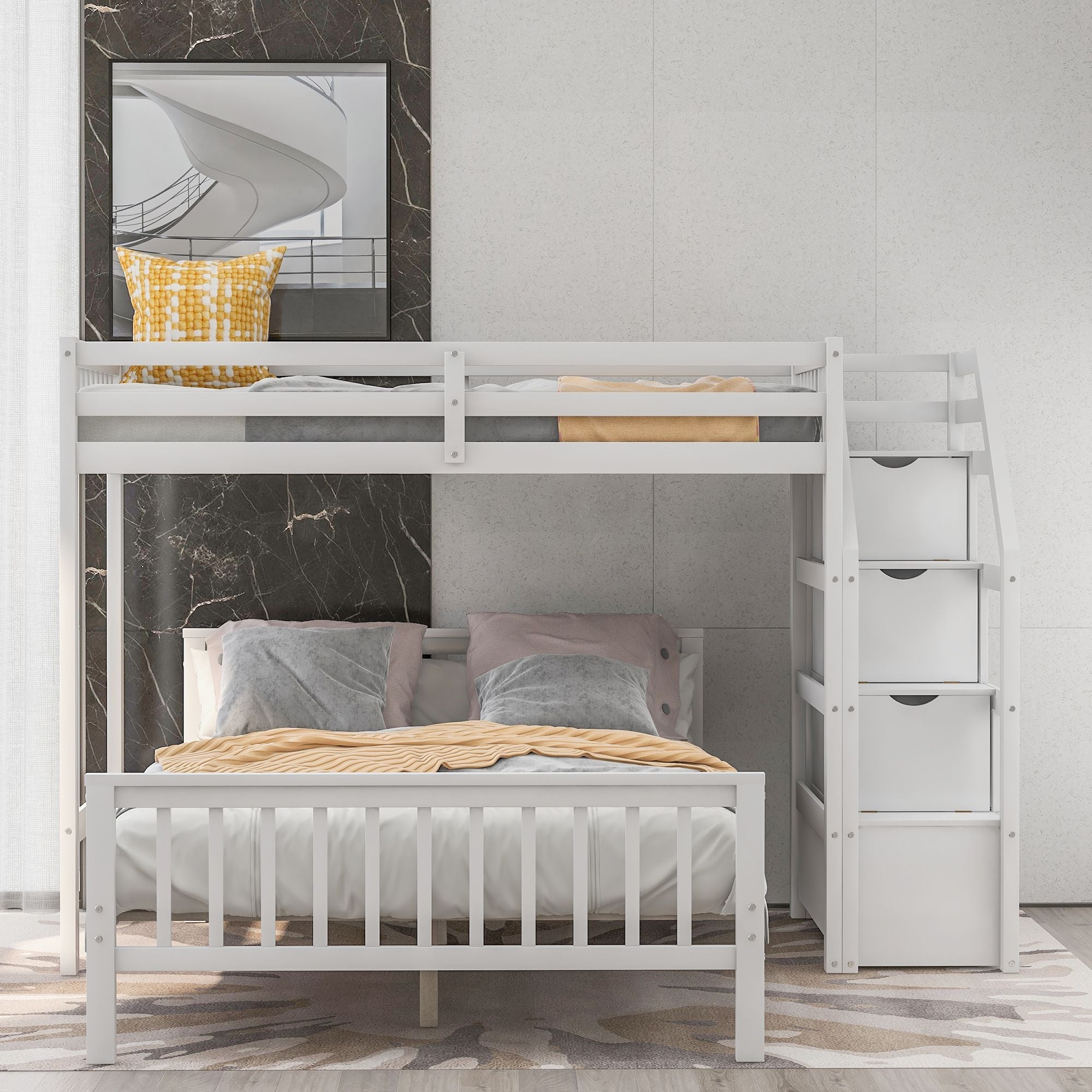 Space-Saving Twin over Full Wood Loft Bed with Staircase and Storage, Gray or White | Just Better Bunk Beds