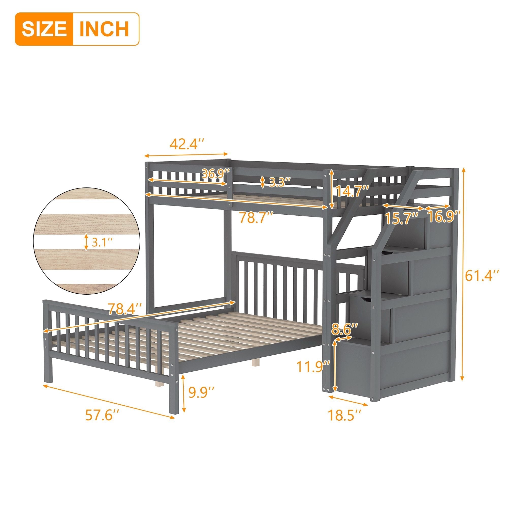 Space-Saving Twin over Full Wood Loft Bed with Staircase and Storage, Gray or White | Just Better Bunk Beds