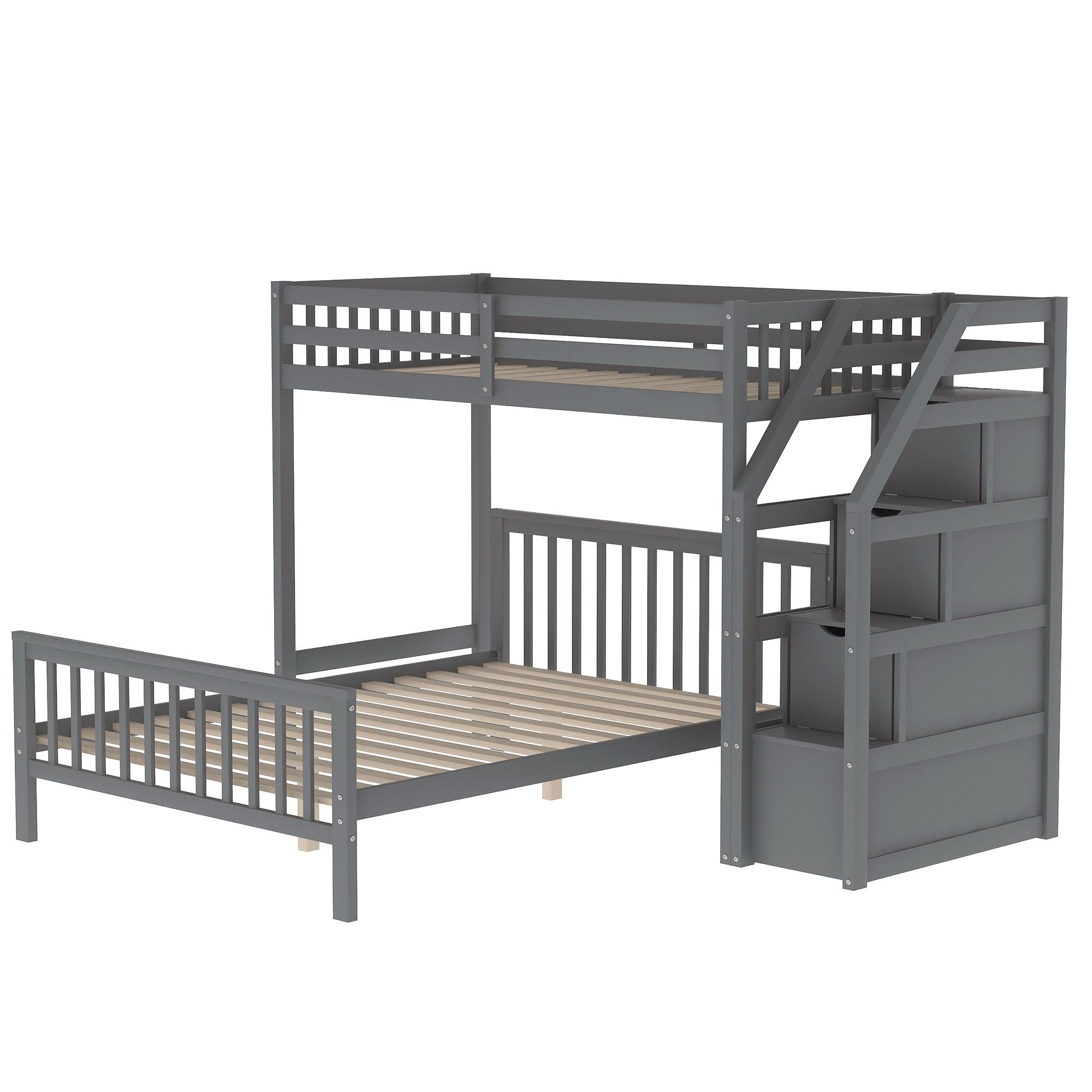 Space-Saving Twin over Full Wood Loft Bed with Staircase and Storage, Gray or White | Just Better Bunk Beds