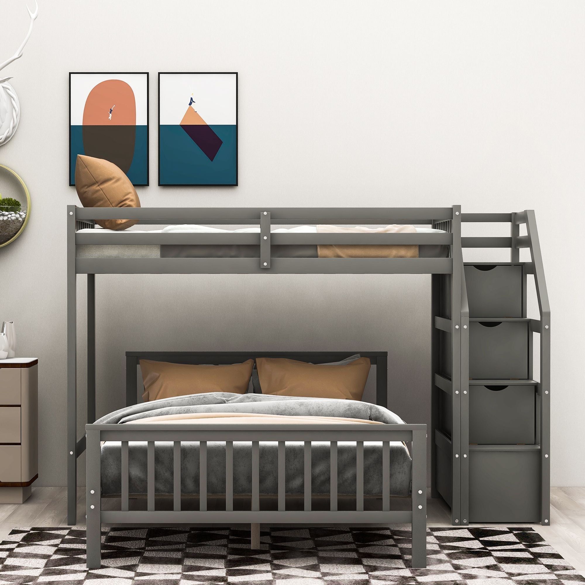 Space-Saving Twin over Full Wood Loft Bed with Staircase and Storage, Gray or White | Just Better Bunk Beds